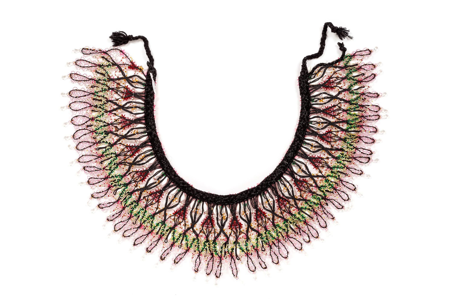 Black synthetic, plaited-braid, waistband with six bands of layered, threaded ornament consisting of a variety of coloured ornaments.