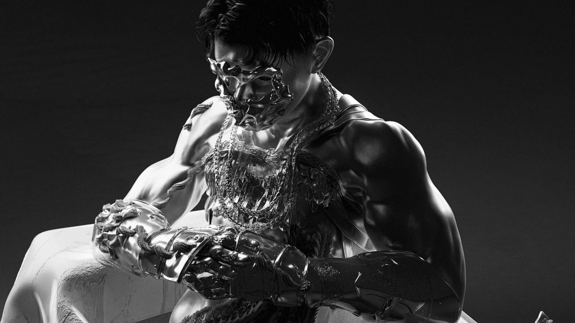 A 3D rendered figure with silver armour on their face, chest, and forearm.
