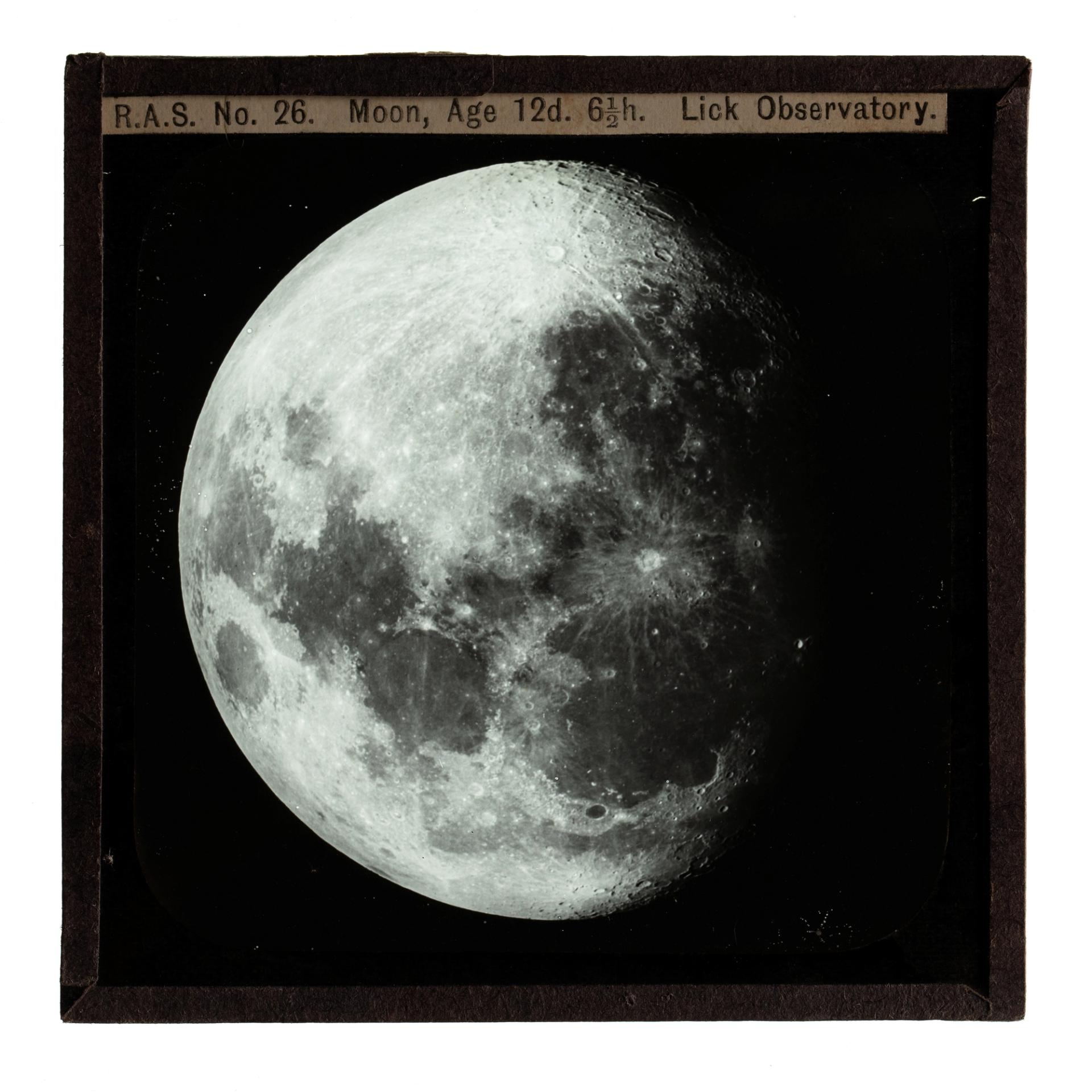 Photograph of a glass plate slide used for teaching astronomy depicting the Moon from Lick Observatory.