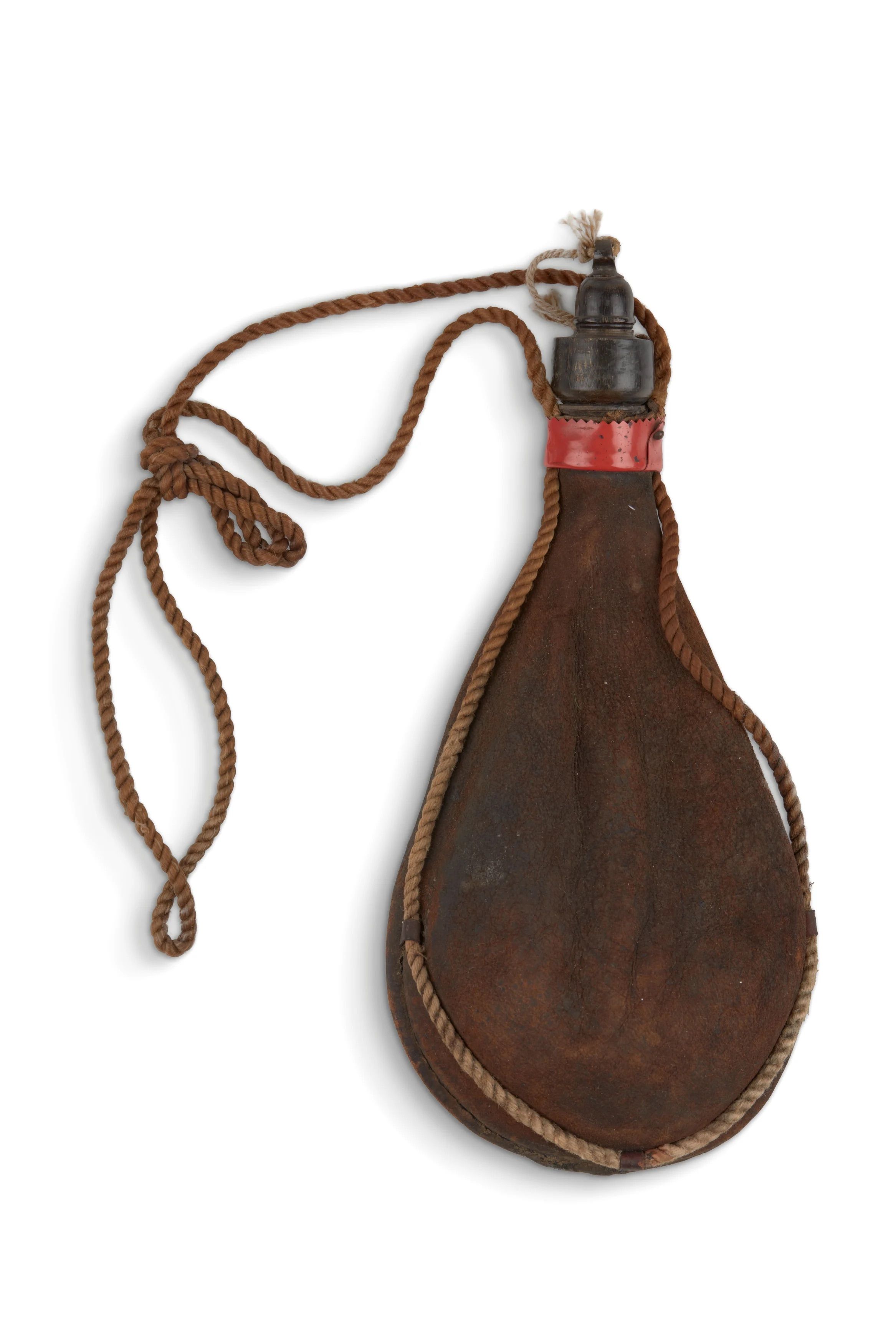 Brown leather wineskin with a rope handle.