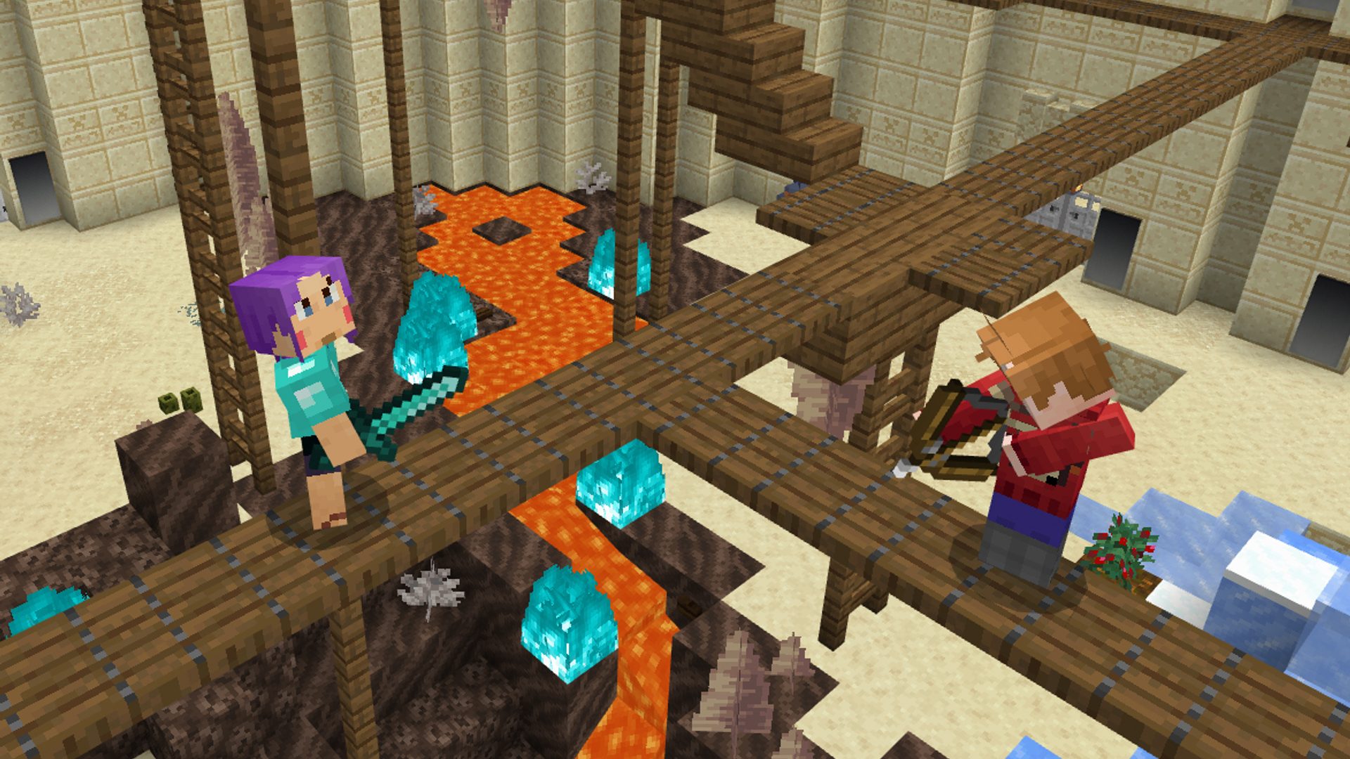 Two Minecraft characters stand on a wooden platform above a lava stream. One character is holding a sword and the other is holding a bow and arrow.