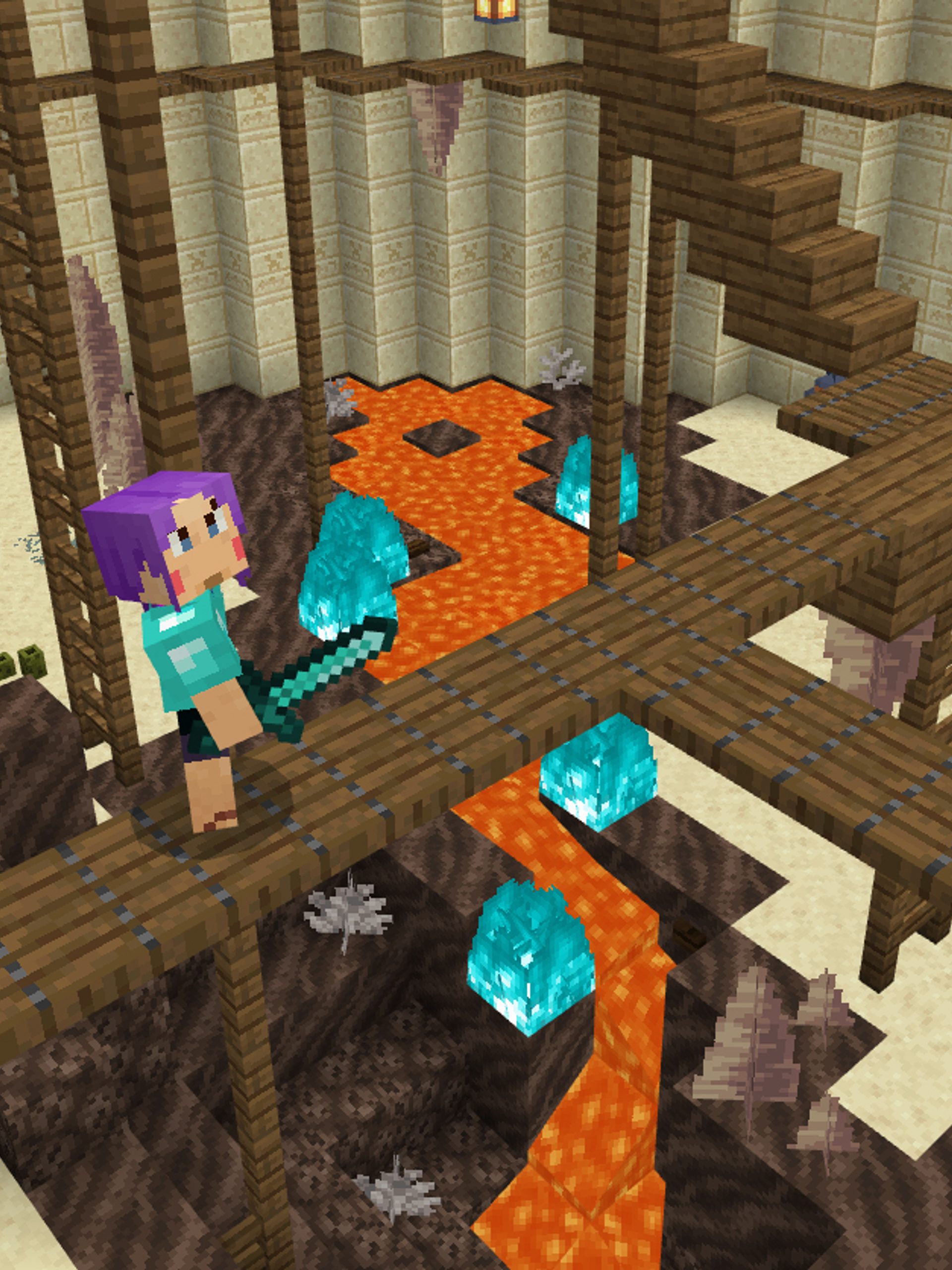 Two Minecraft characters stand on a wooden platform above a lava stream. One character is holding a sword and the other is holding a bow and arrow.