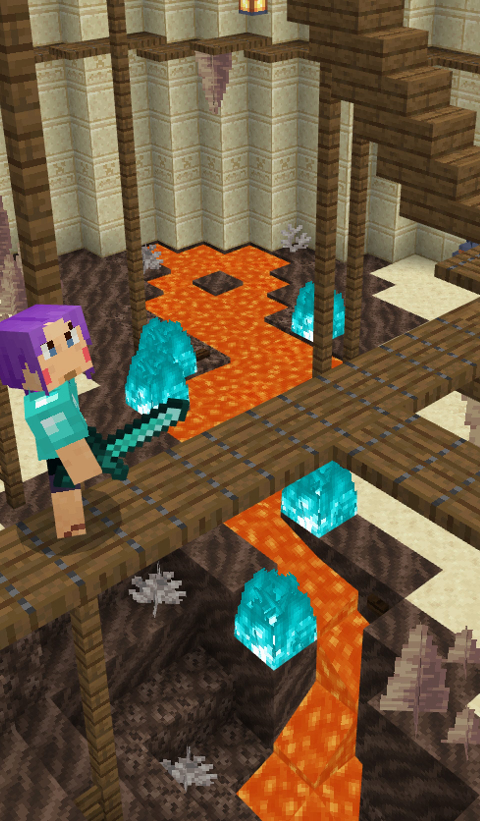 Two Minecraft characters stand on a wooden platform above a lava stream. One character is holding a sword and the other is holding a bow and arrow.
