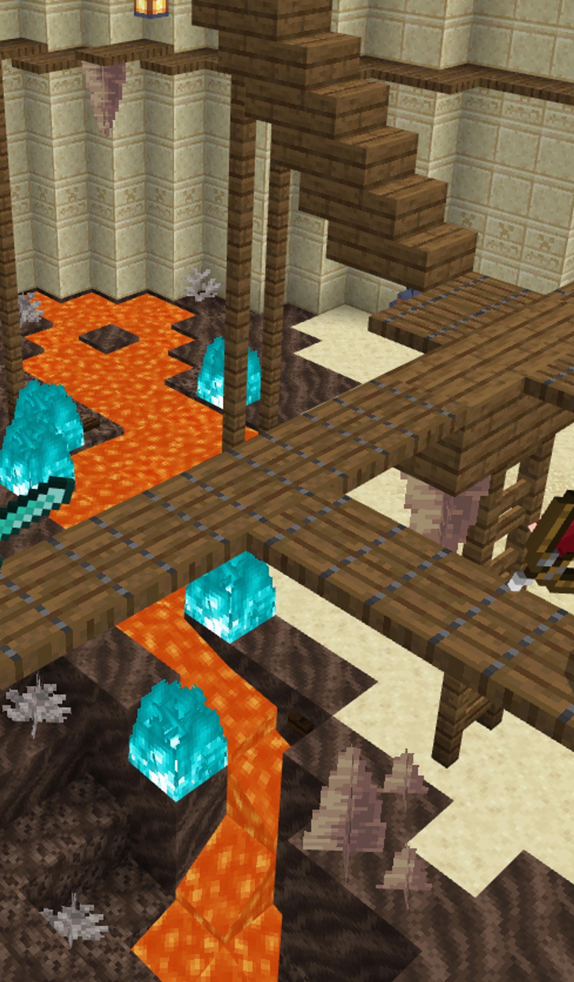 Two Minecraft characters stand on a wooden platform above a lava stream. One character is holding a sword and the other is holding a bow and arrow.