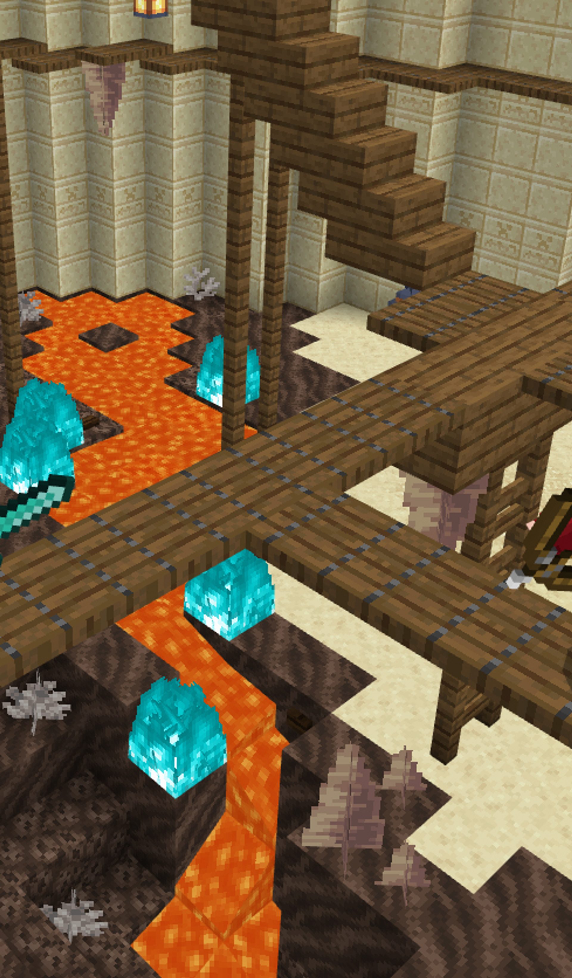 Two Minecraft characters stand on a wooden platform above a lava stream. One character is holding a sword and the other is holding a bow and arrow.