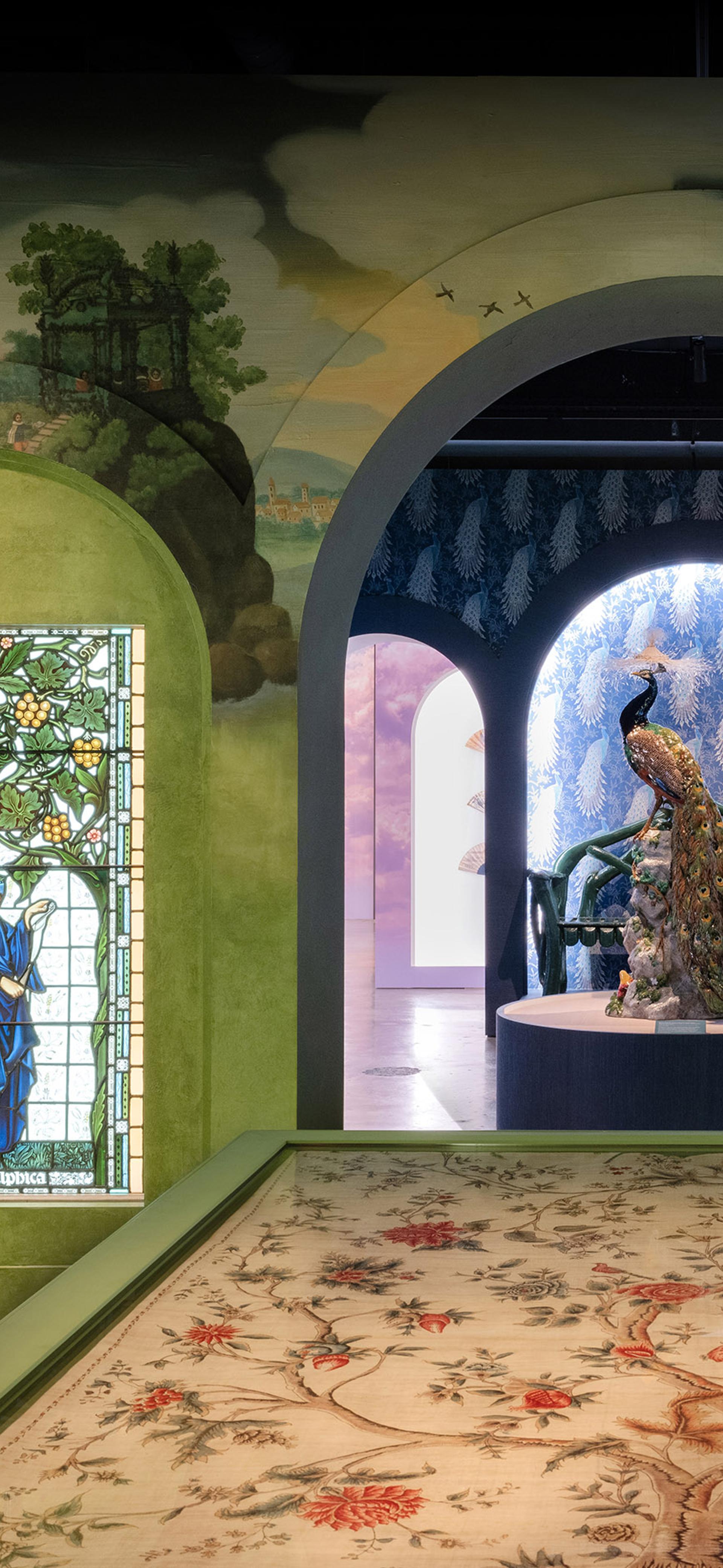 Arches in a room with eclectic collection items on display.