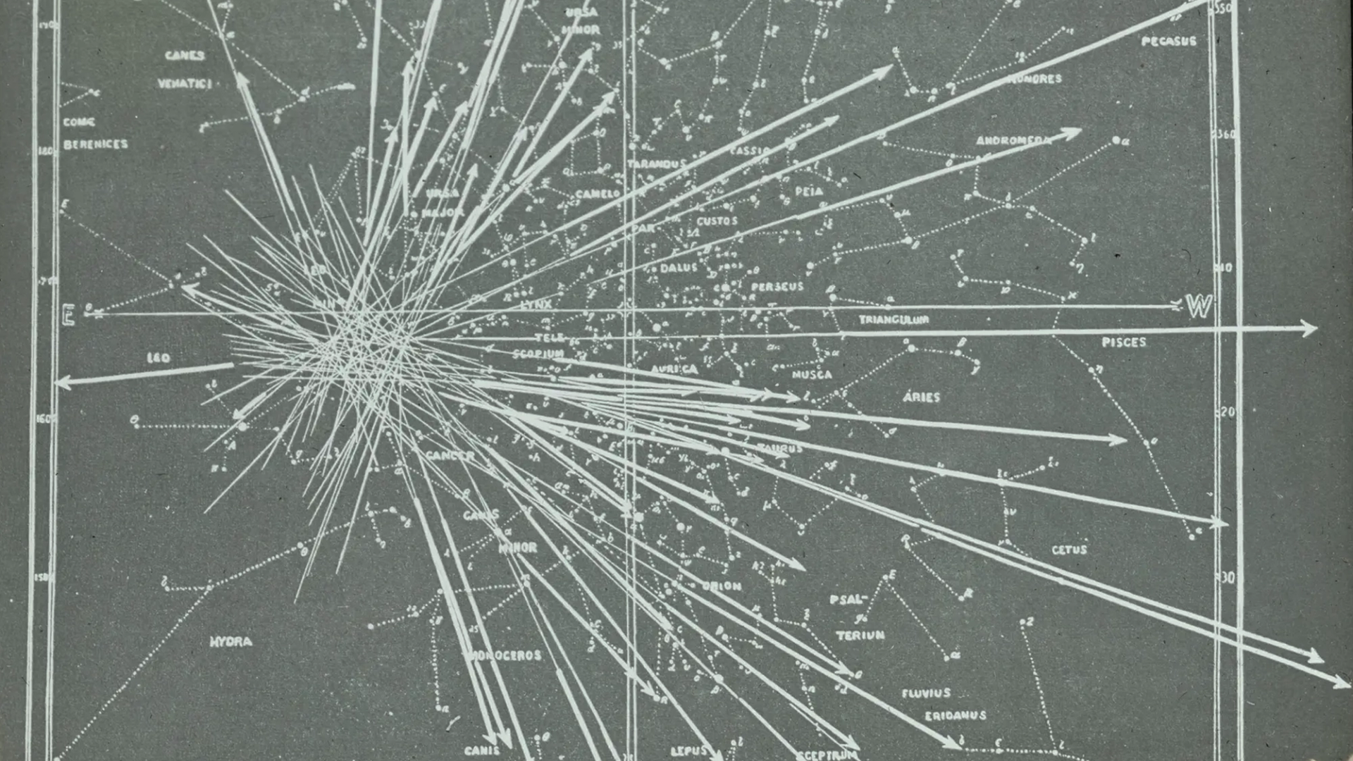 Zoomed in image of a lantern slide graphing the meteor radiant point in Leo.