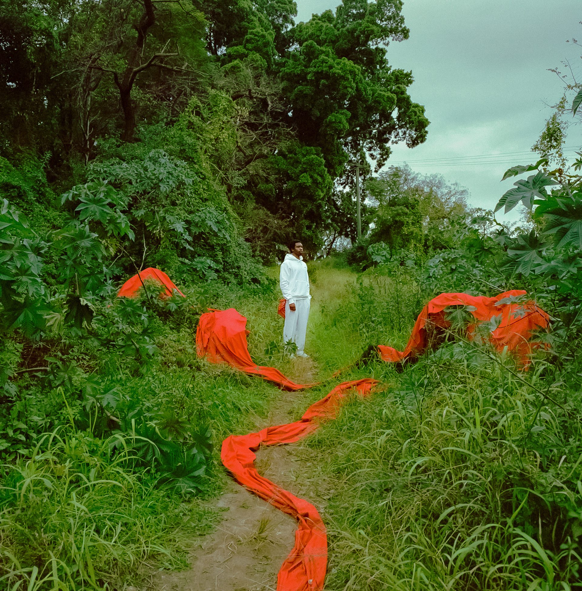 A young man stands in the middle of a forest-like area. He is wearing a white tracksuit. There is a long piece of red fabric draped along the bushes in front of him.