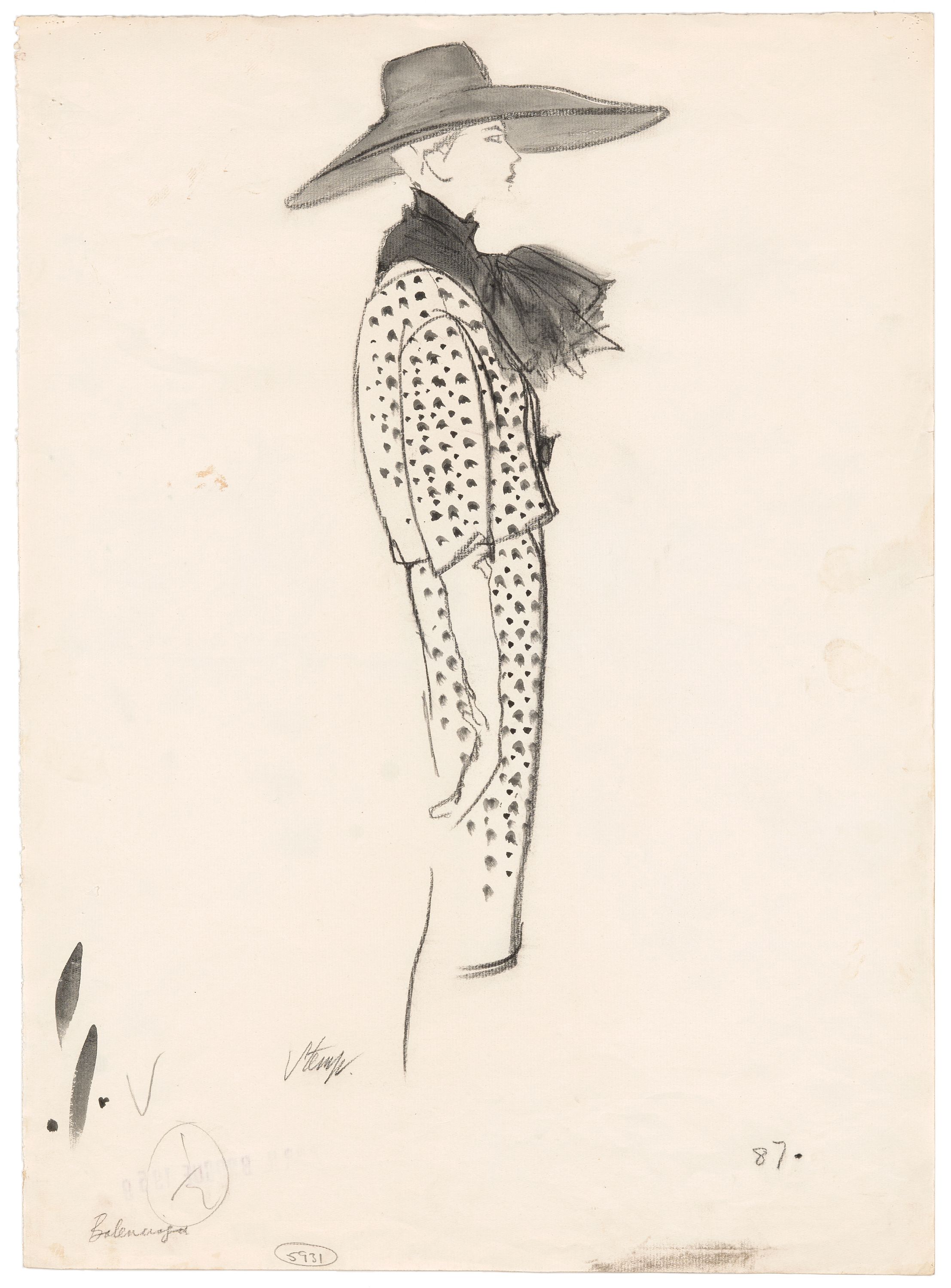 Drawing, 'Balenciaga Suit, 1959', woman wearing hat, scarf and two piece suit, pencil / paper, E Stemp, France, April 1959