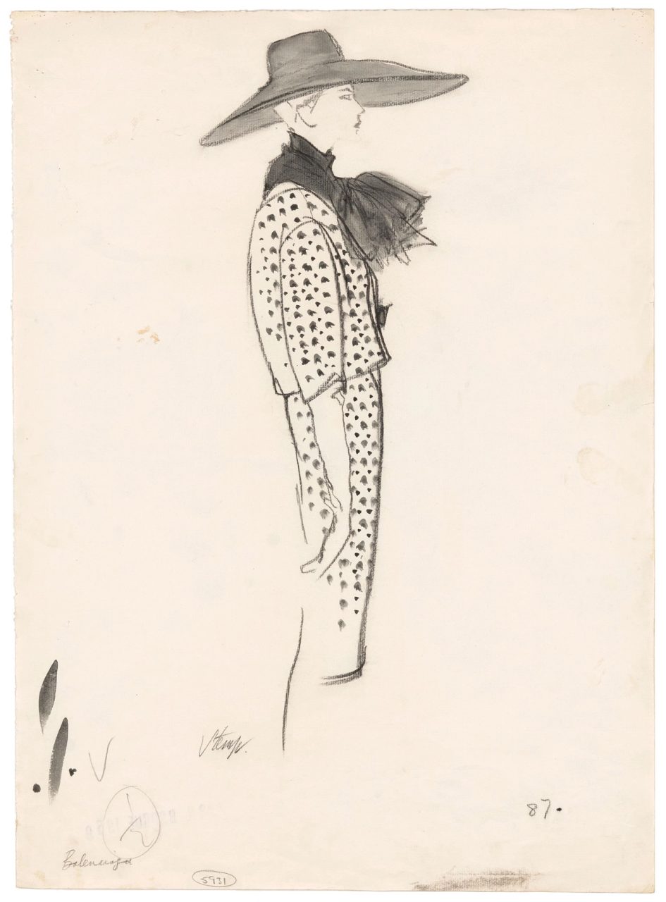 Drawing, 'Balenciaga Suit, 1959', woman wearing hat, scarf and two piece suit, pencil / paper, E Stemp, France, April 1959
