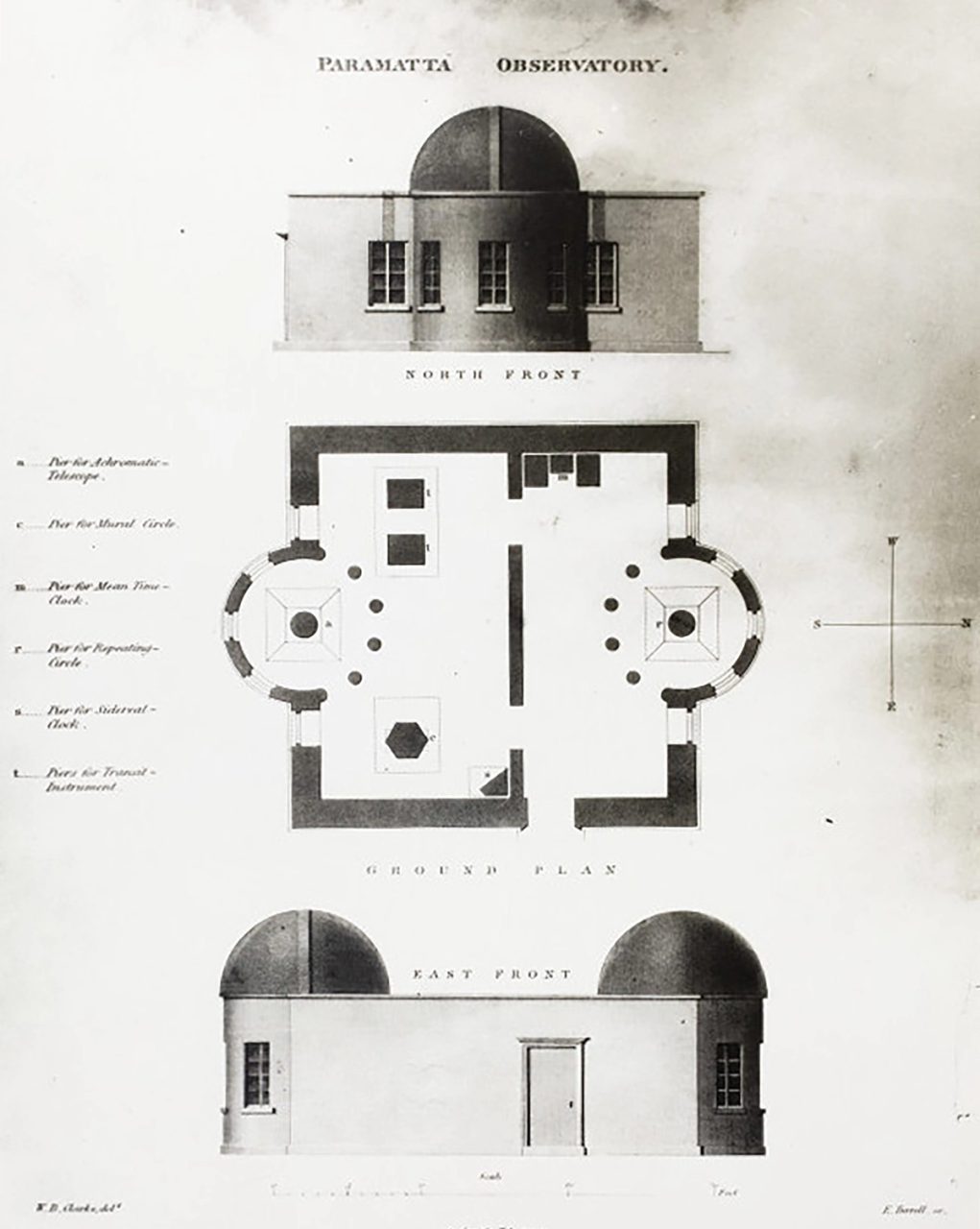 Black and white floor plan of the Parramatta Observatory showing two elevations