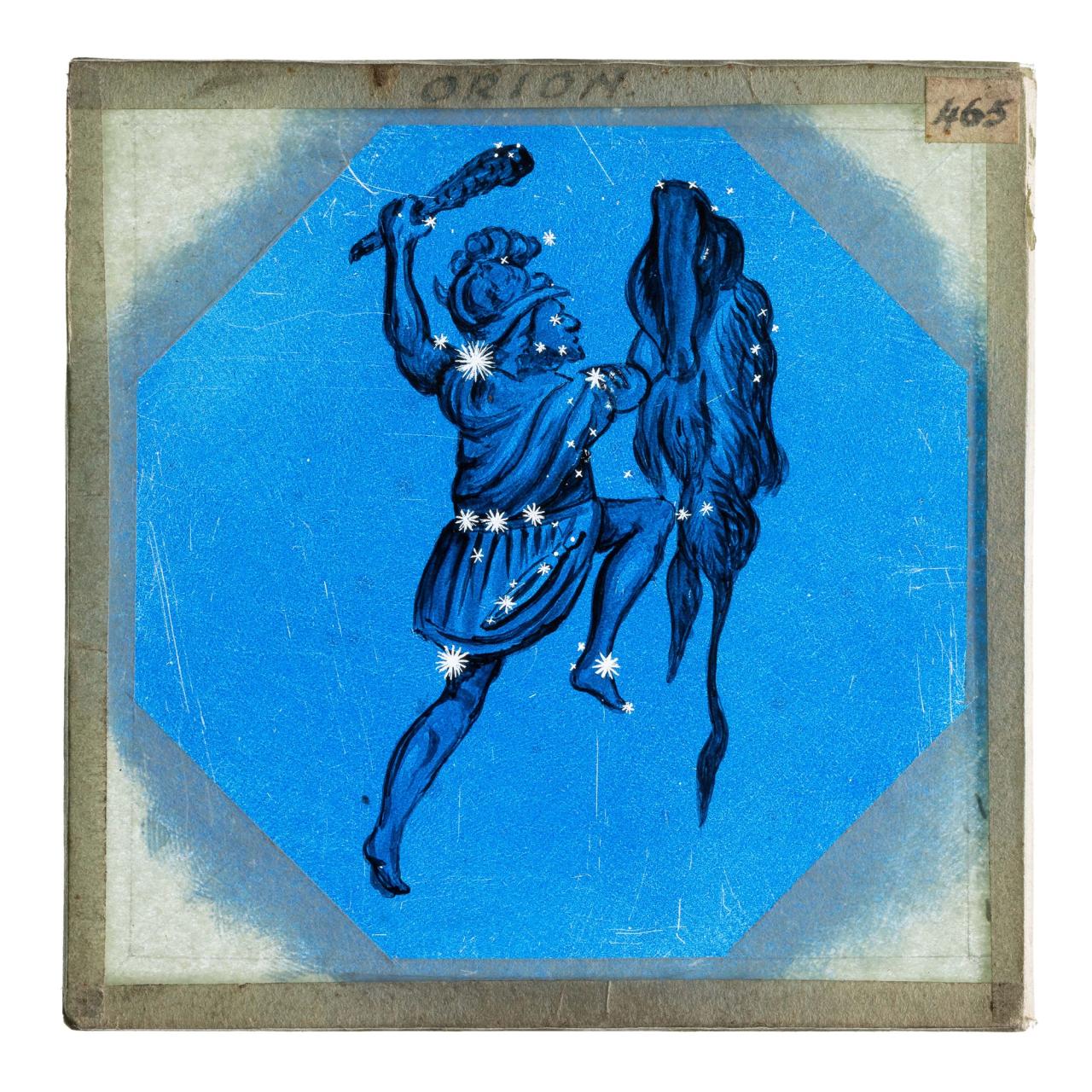 Glass plate slide with a hand-drawn illustration of the stars of the Orion constellation and an artistic representation of Orion ‘The Hunter’ raising a club above his head. A dead bull lies to his right.