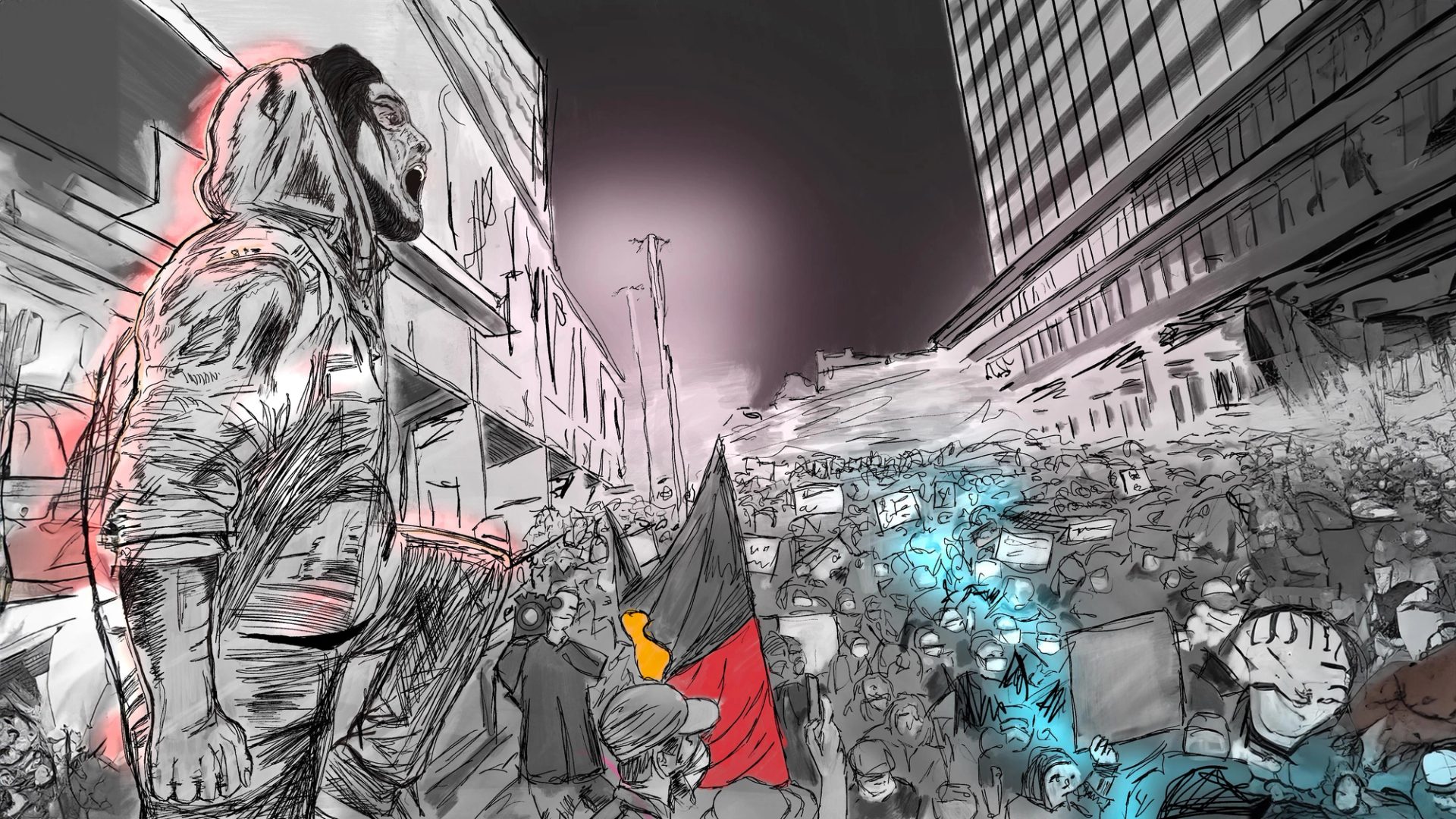 Illustration of crowds protesting.