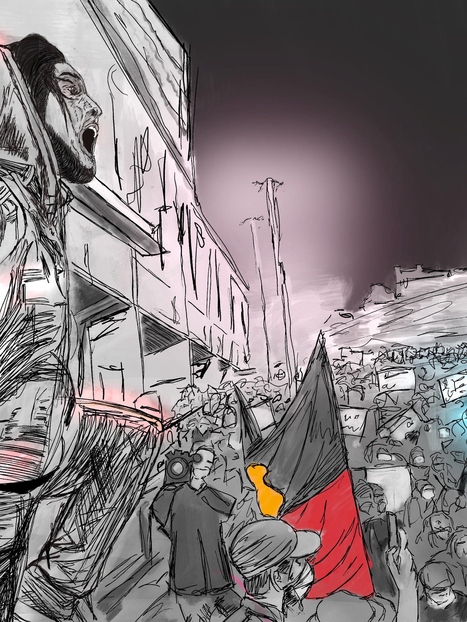 Illustration of crowds protesting.
