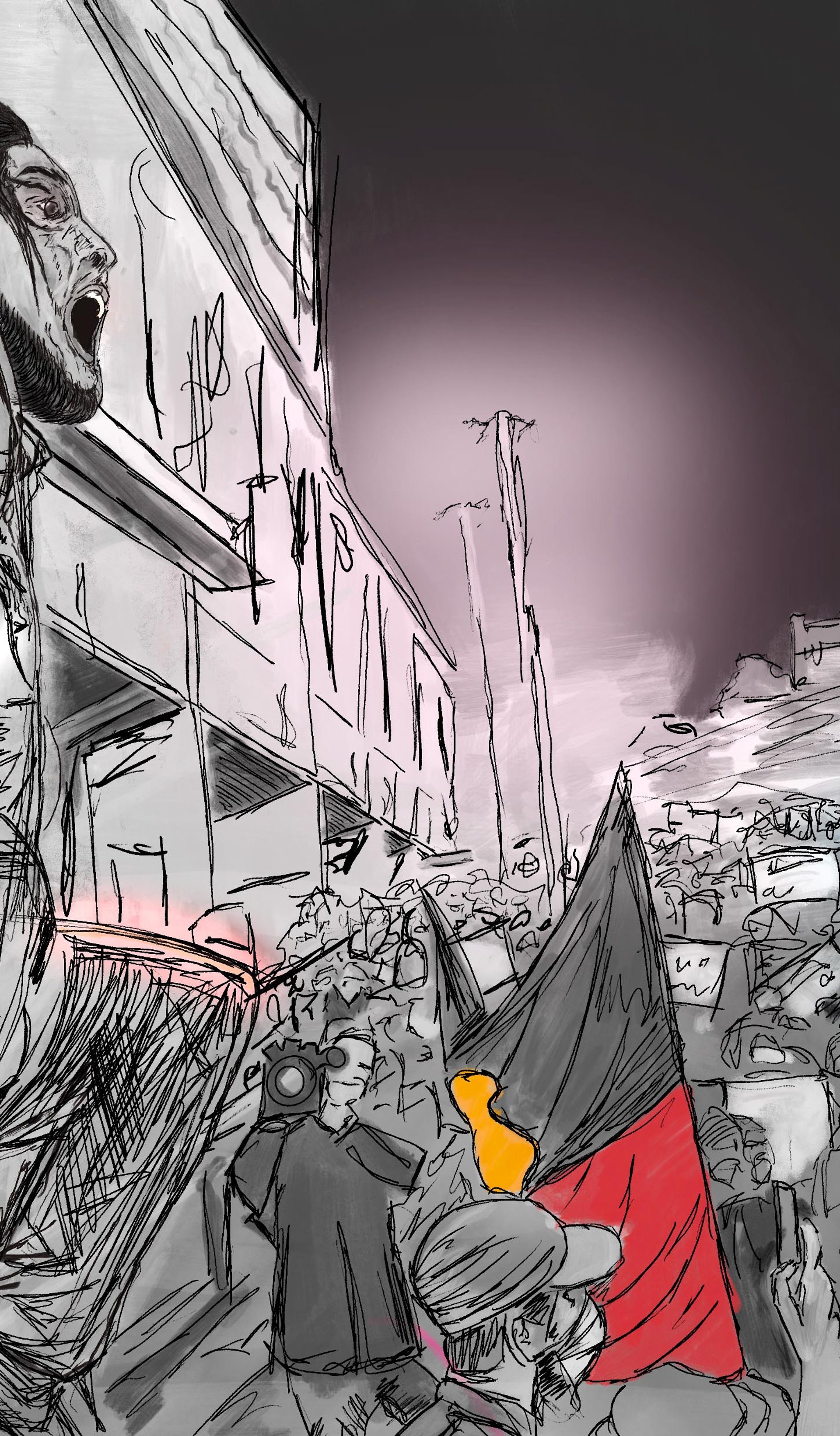 Illustration of crowds protesting.