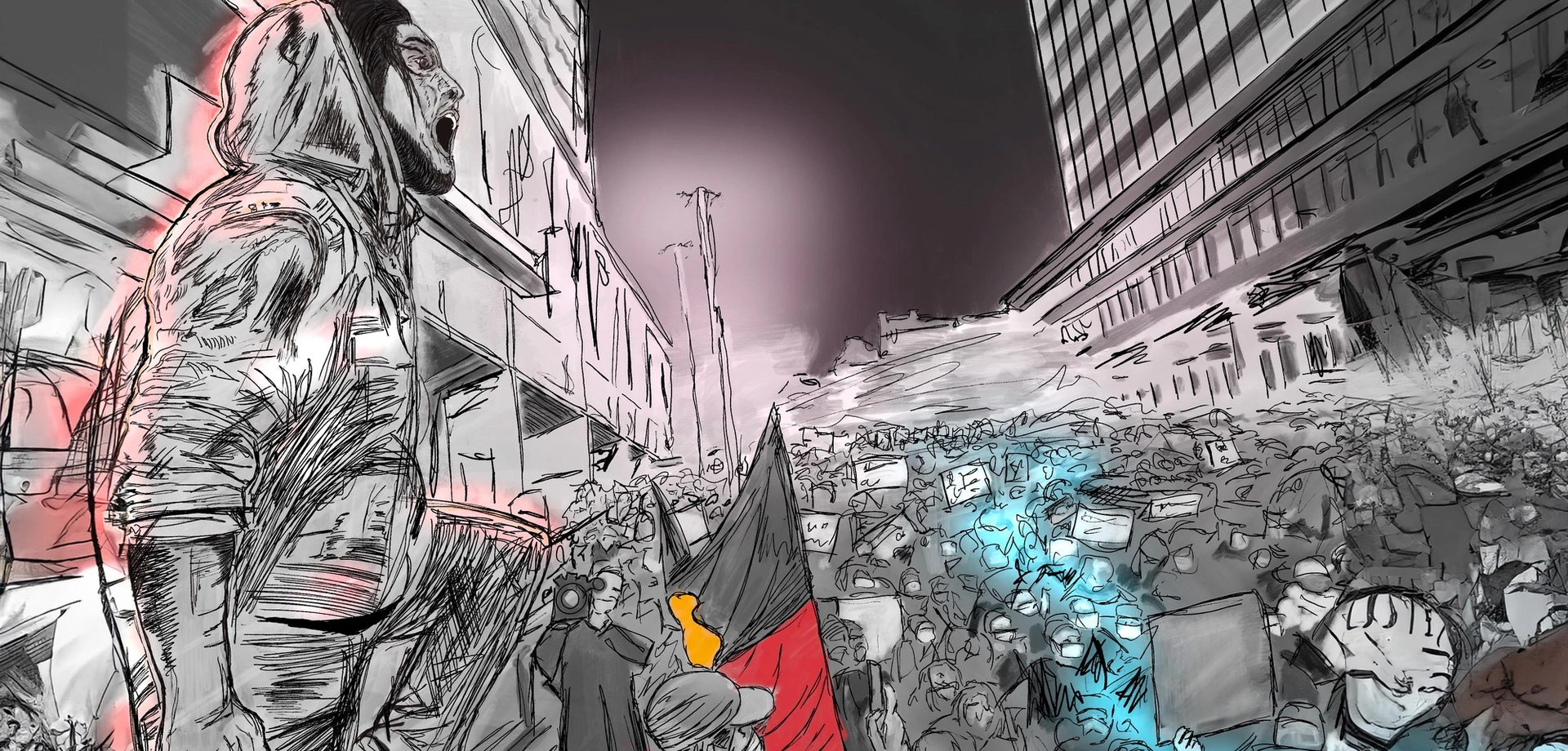 Illustration of crowds protesting.