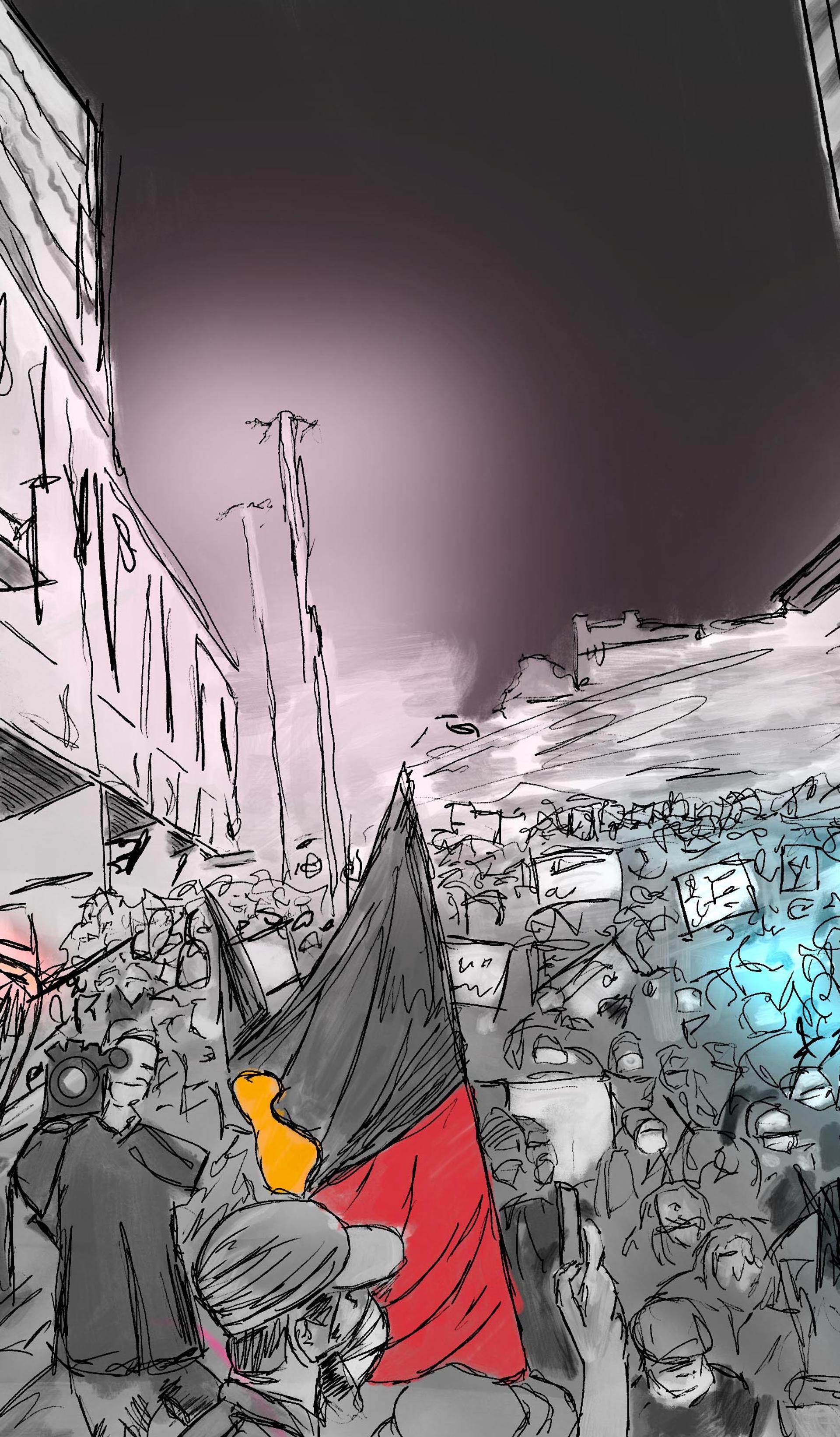 Illustration of crowds protesting.