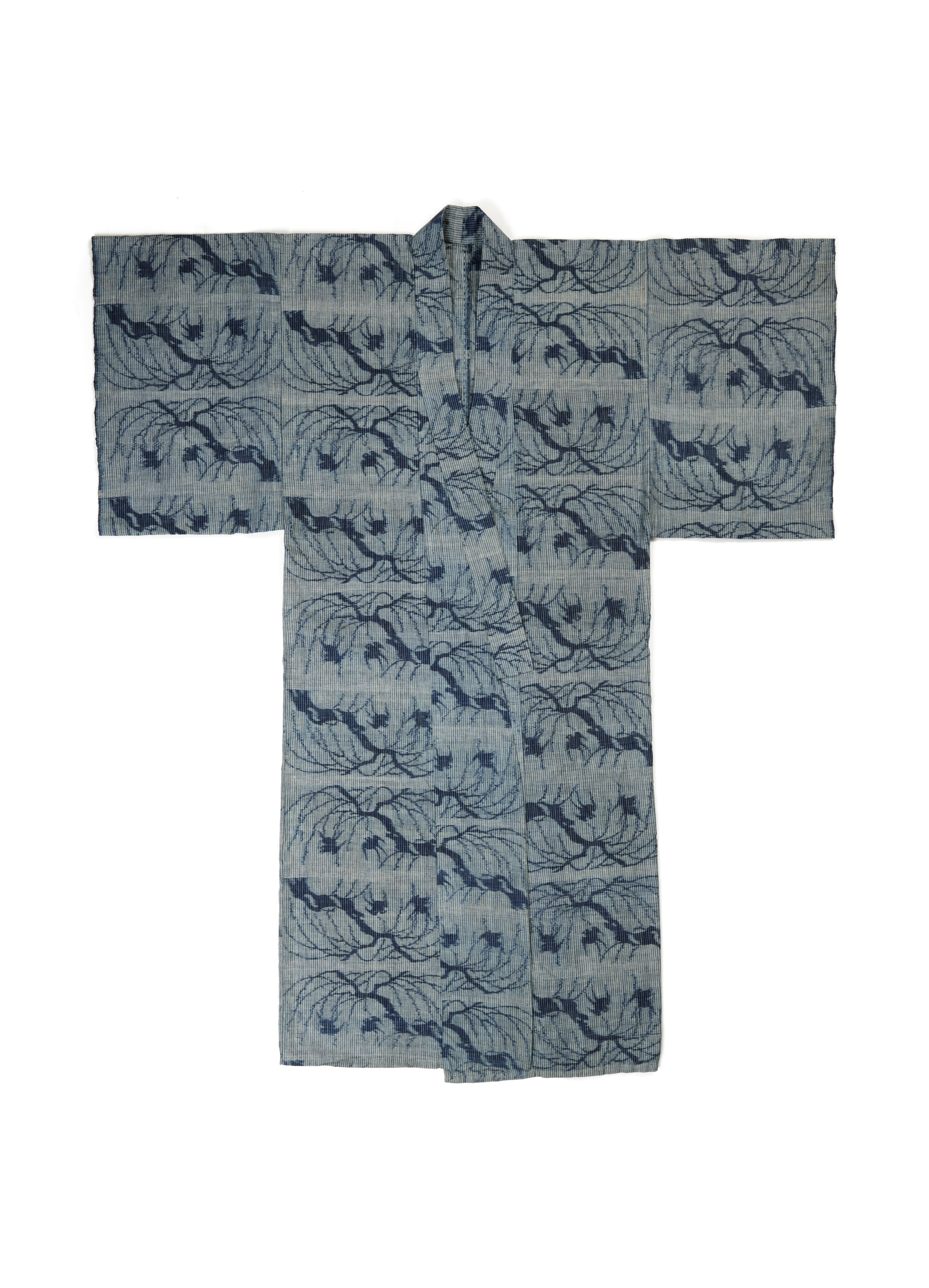 Photograph of a cotton Yukata or summer kimono of simple wrap-over style with short rectangular sleeves. Striped indigo blue and white warp with blue and white ikat weft with a stylised tree form design.