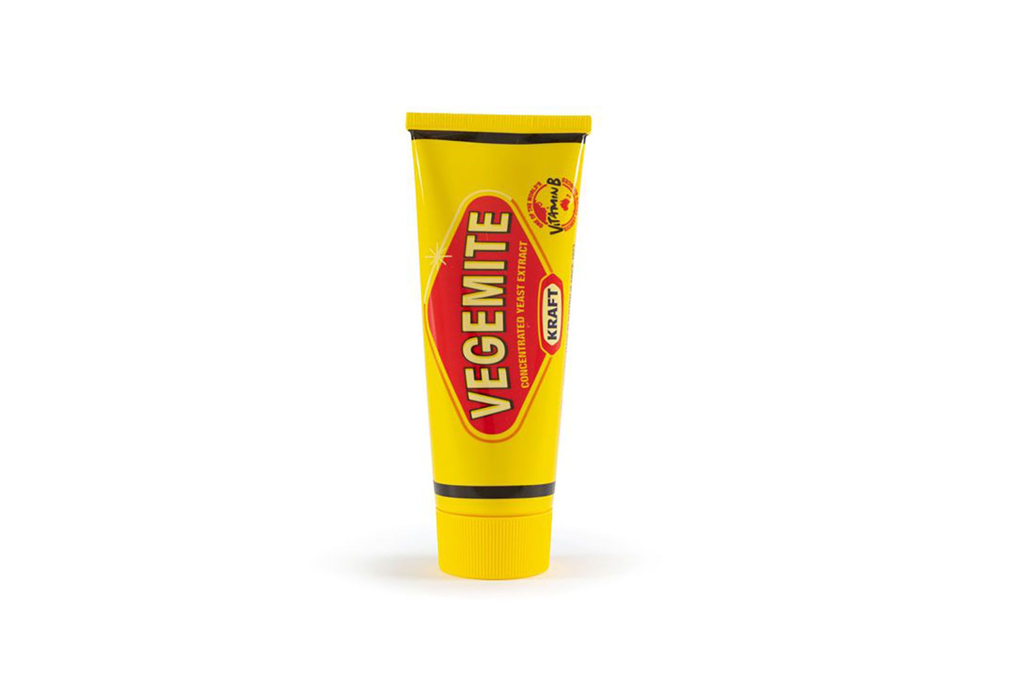 Plastic tube with removable lid, which contains Vegemite spread. The tube is coloured mostly yellow and features the red and yellow Vegemite logo with the text 'VEGEMITE / CONCENTRATED YEAST EXTRACT'.