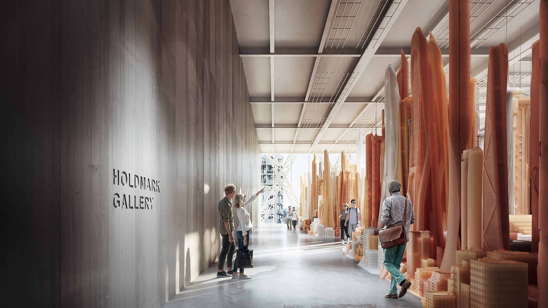 A large gallery with a high ceiling, concrete walls and floor. There are people in the gallery looking at large orange sculptures.