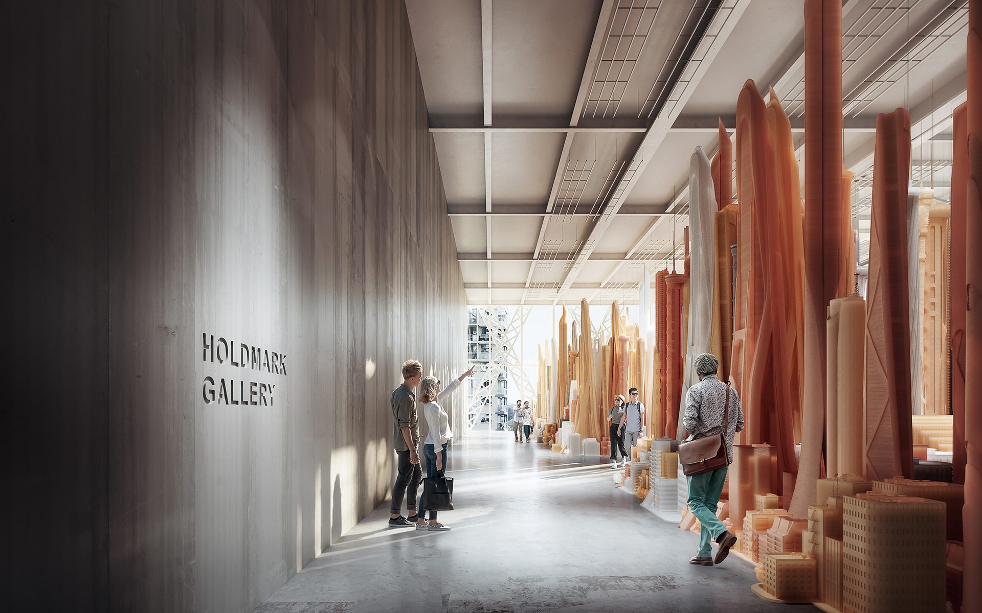 A large gallery with a high ceiling, concrete walls and floor. There are people in the gallery looking at large orange sculptures.