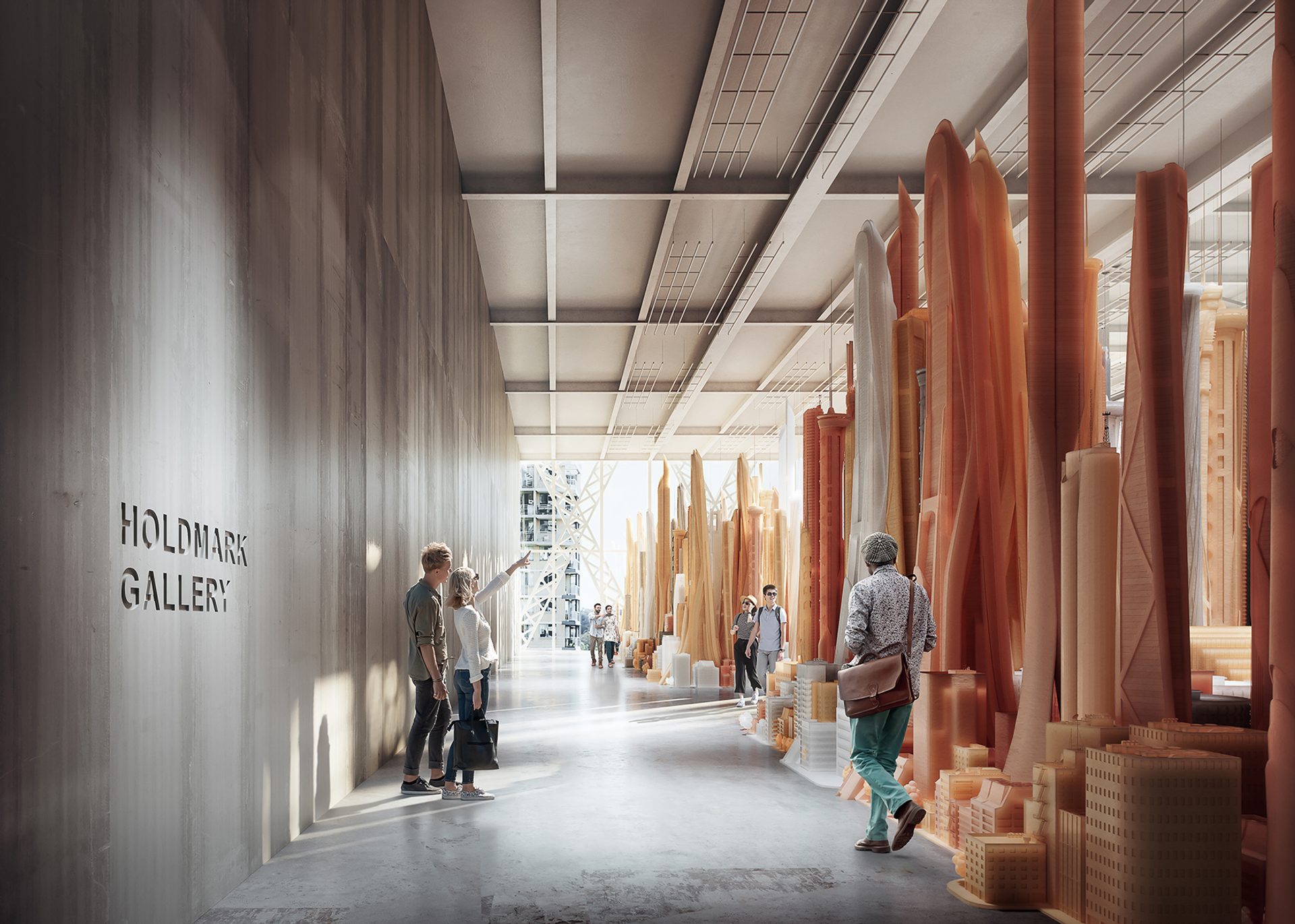 A large gallery with a high ceiling, concrete walls and floor. There are people in the gallery looking at large orange sculptures.