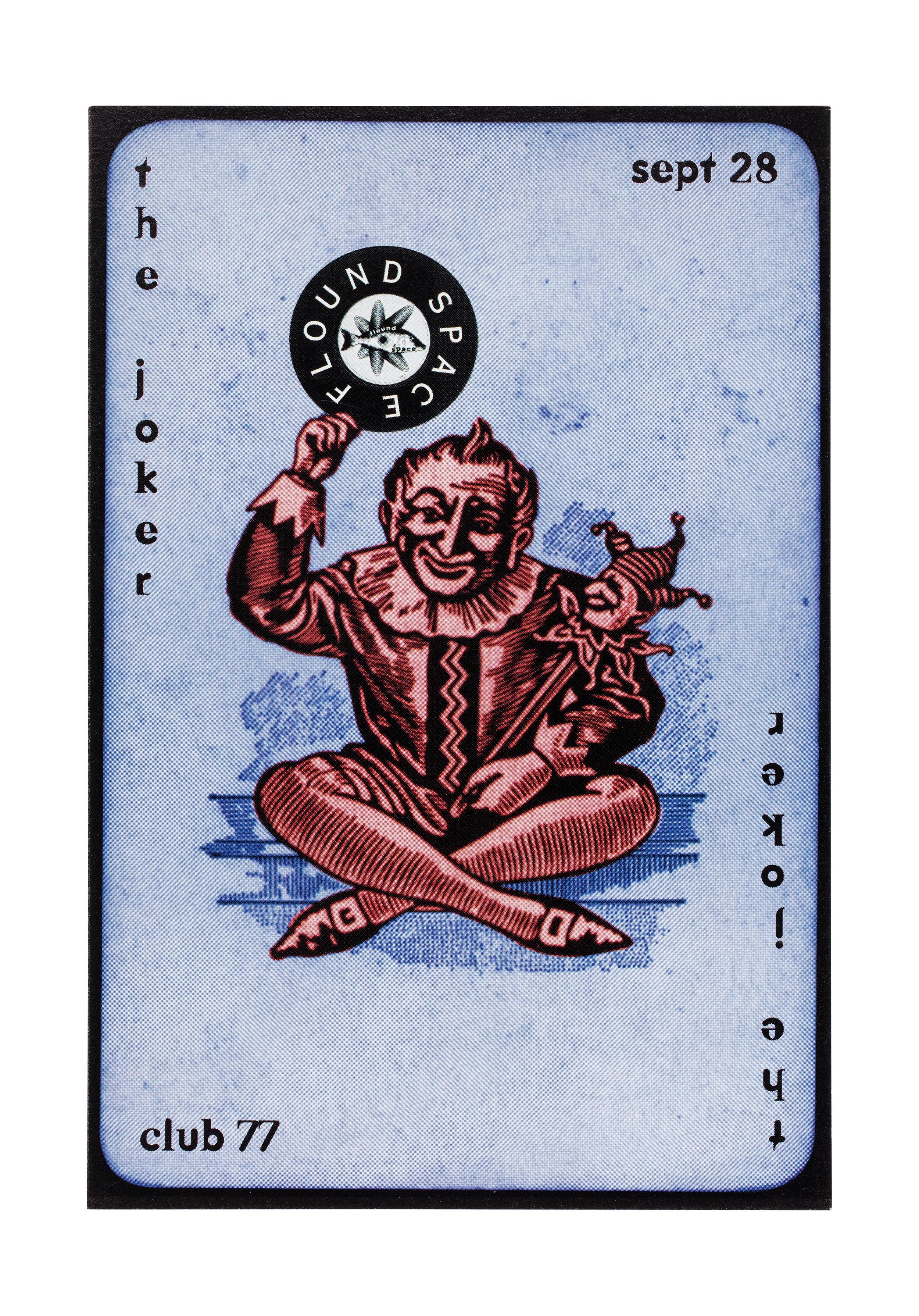 Flyer in the style of a Joker playing card.