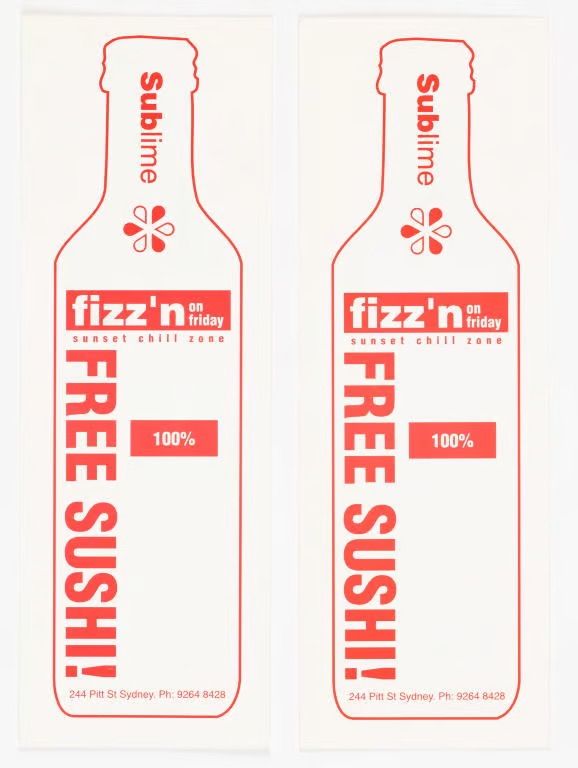 Two flyers on cream coloured paper illustrated with a red outline of a bottle. There is red text inside the bottle.