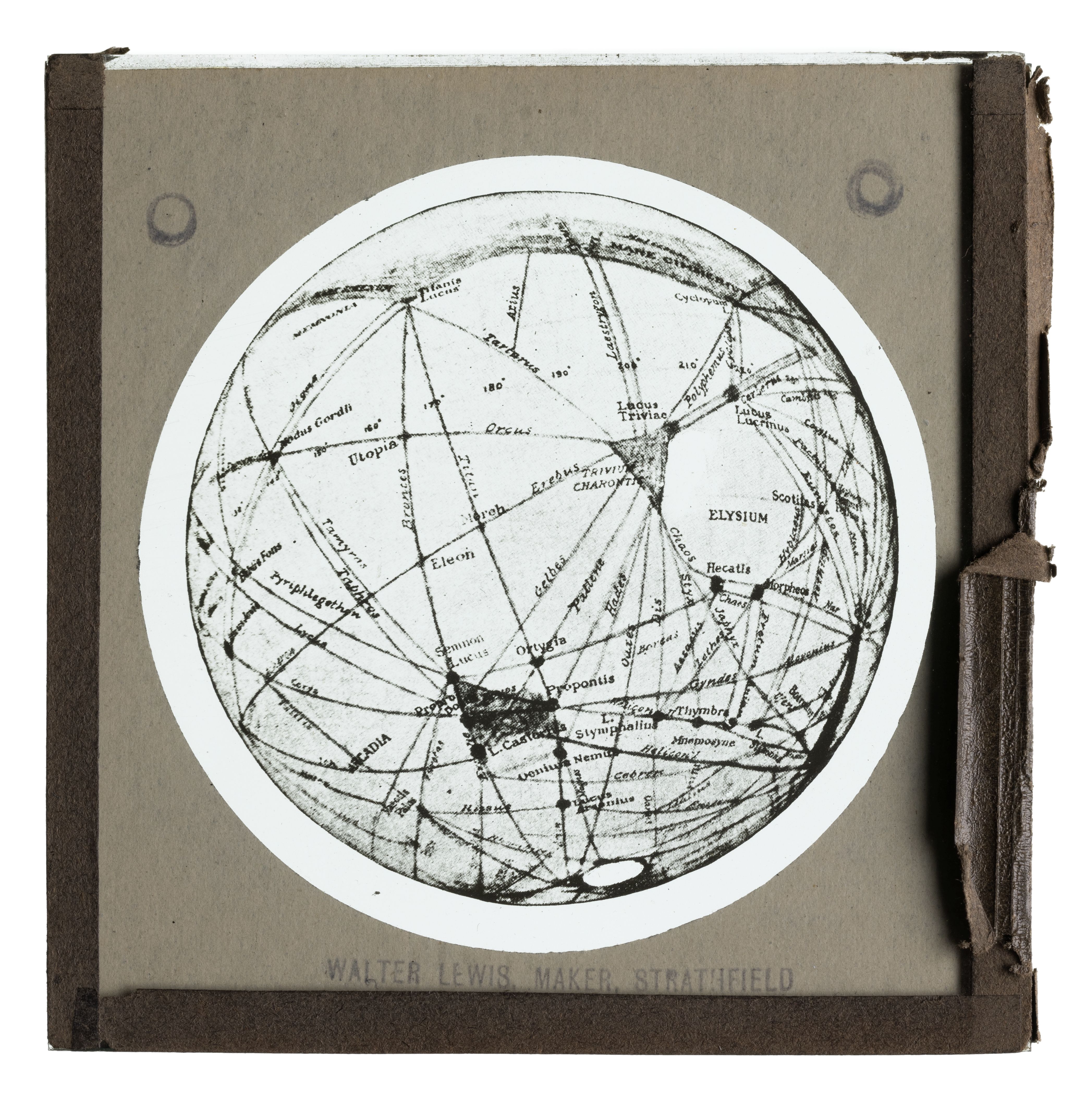 Photograph of a glass lantern slide used for teaching astronomy depicting Mars and canals.