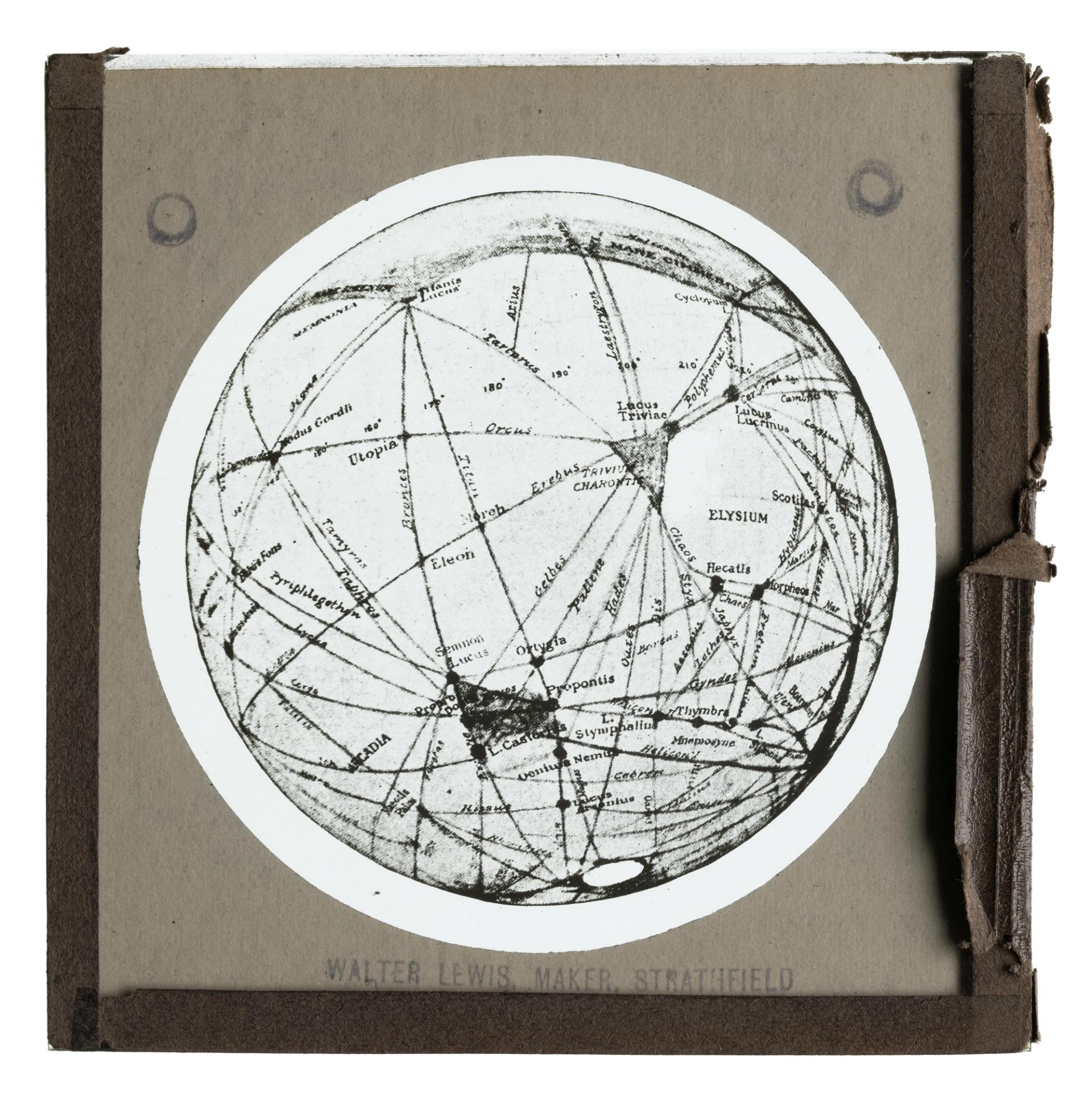 Photograph of a glass lantern slide used for teaching astronomy depicting Mars and canals.