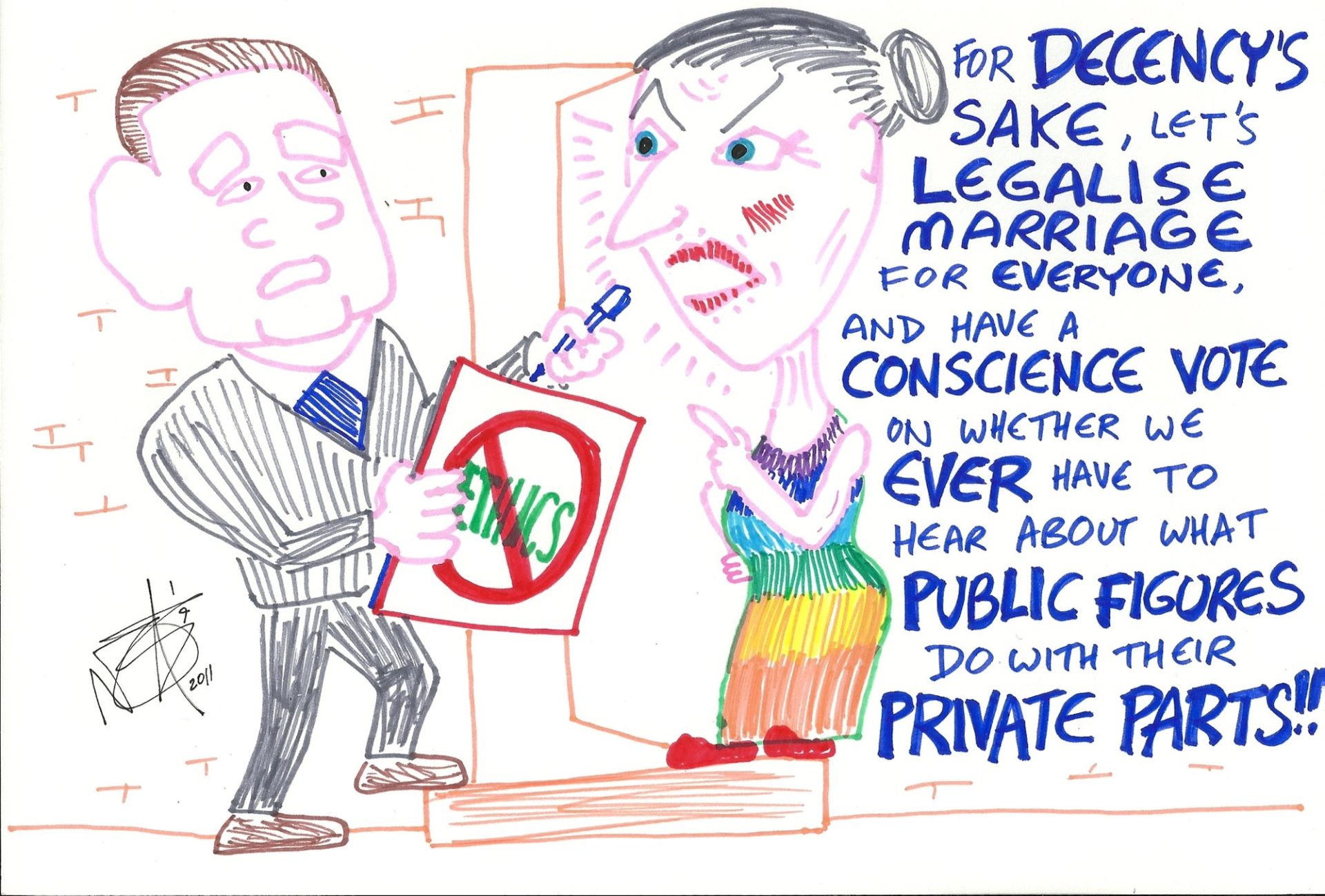 A cartoon of a man in a suit holding a large piece of paper with the text ‘ETHICS’ in the centre of a red ‘no’ symbol.