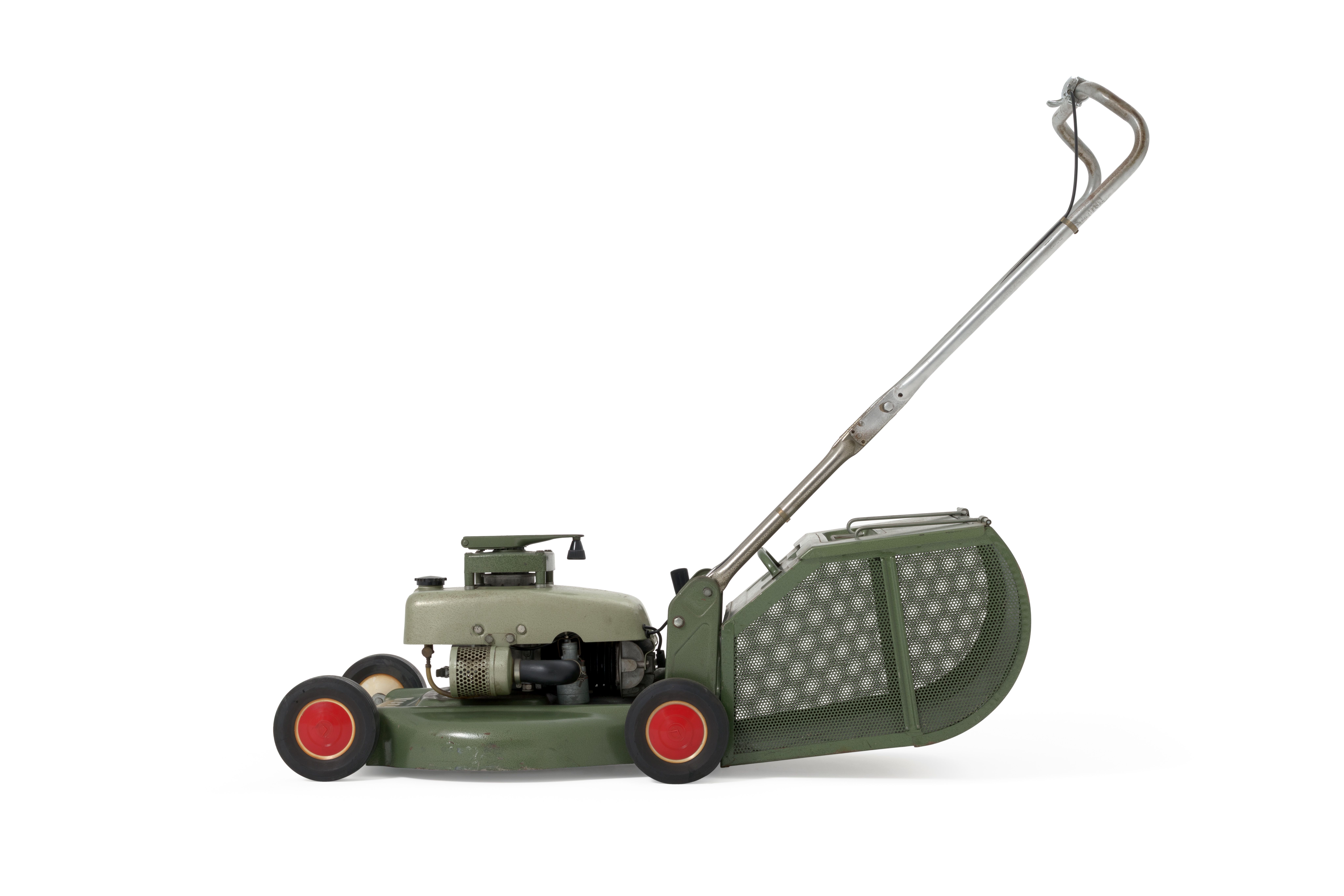A two tone green hammertone lawnmower, painted metal base with four plastic and rubber wheels on concealed axles. The base supports a vertically mounted two stroke engine covered by a metal petrol tank and cowl.