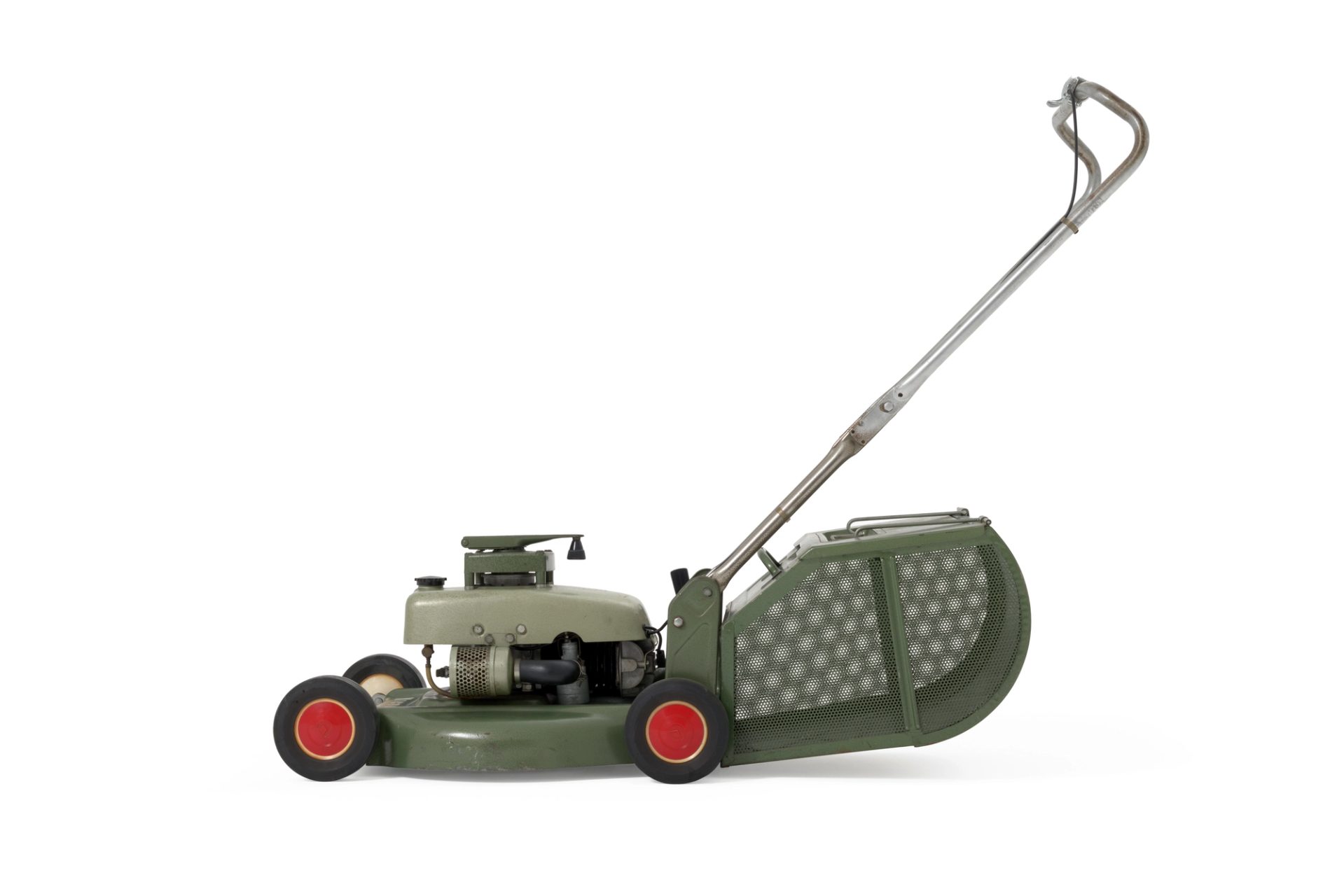 A two tone green hammertone lawnmower, painted metal base with four plastic and rubber wheels on concealed axles. The base supports a vertically mounted two stroke engine covered by a metal petrol tank and cowl.