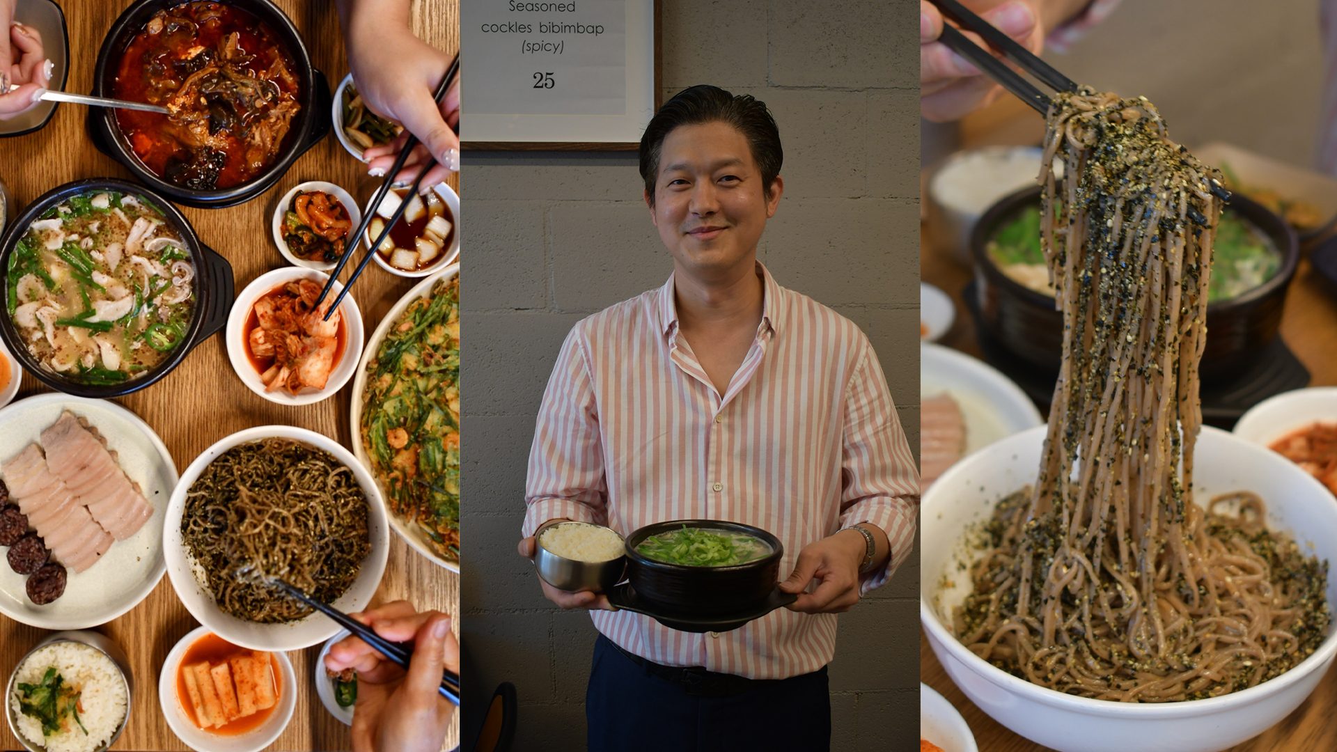 Triptych featuring Saewoobuchu-jeon, flat lay of assorted dishes from Yeo Dong Sik and Justin Shin, Owner of Yeo Dong Sik.
