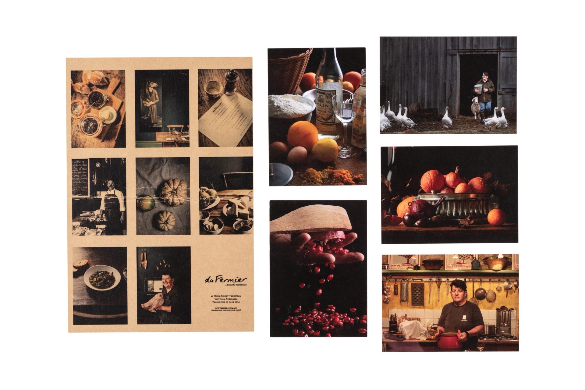 Marketing postcards of a kitchen, farm, pomegranates in a hand, wine and food.