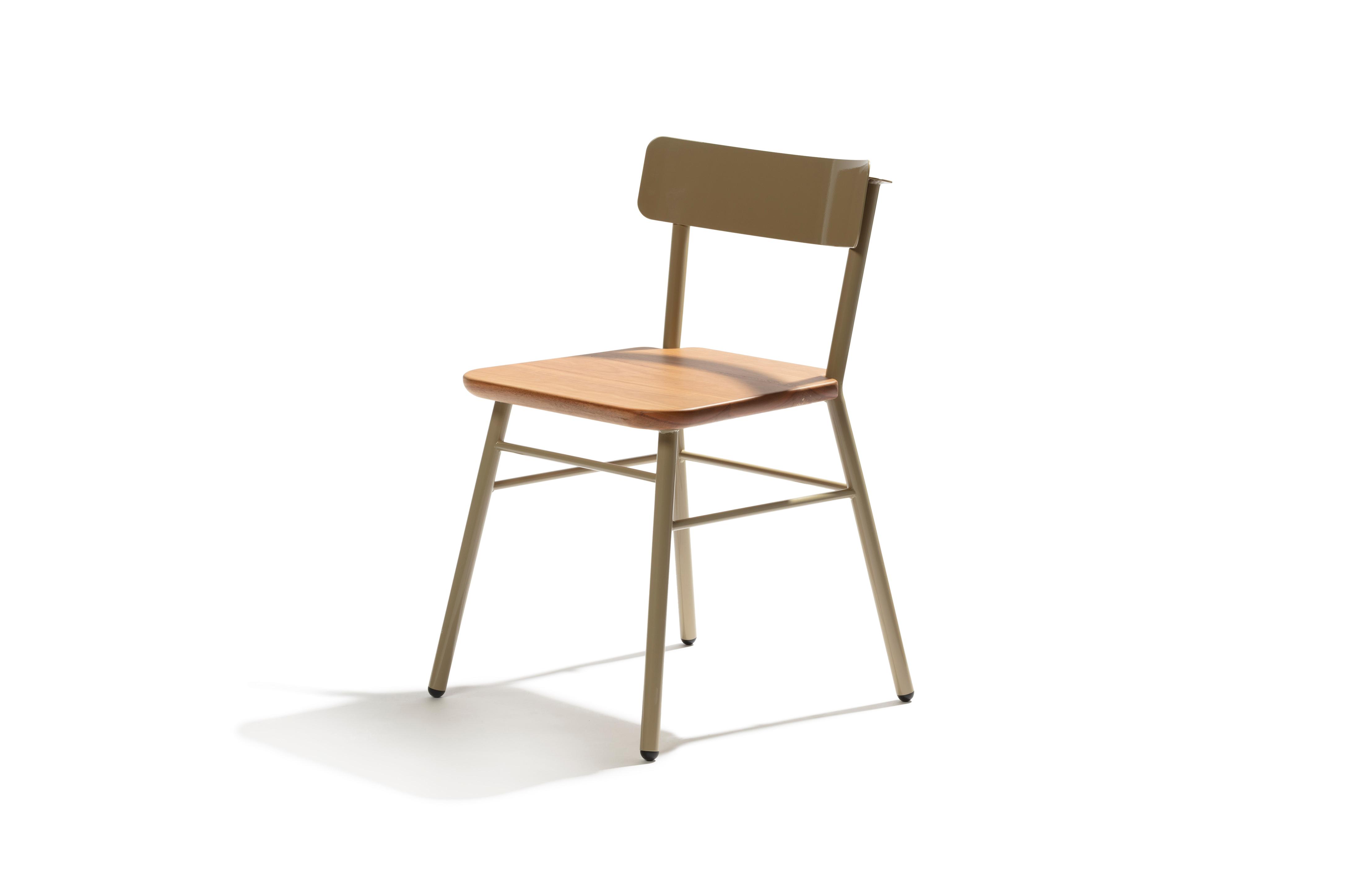 Wooden seat, on a metal frame chair.