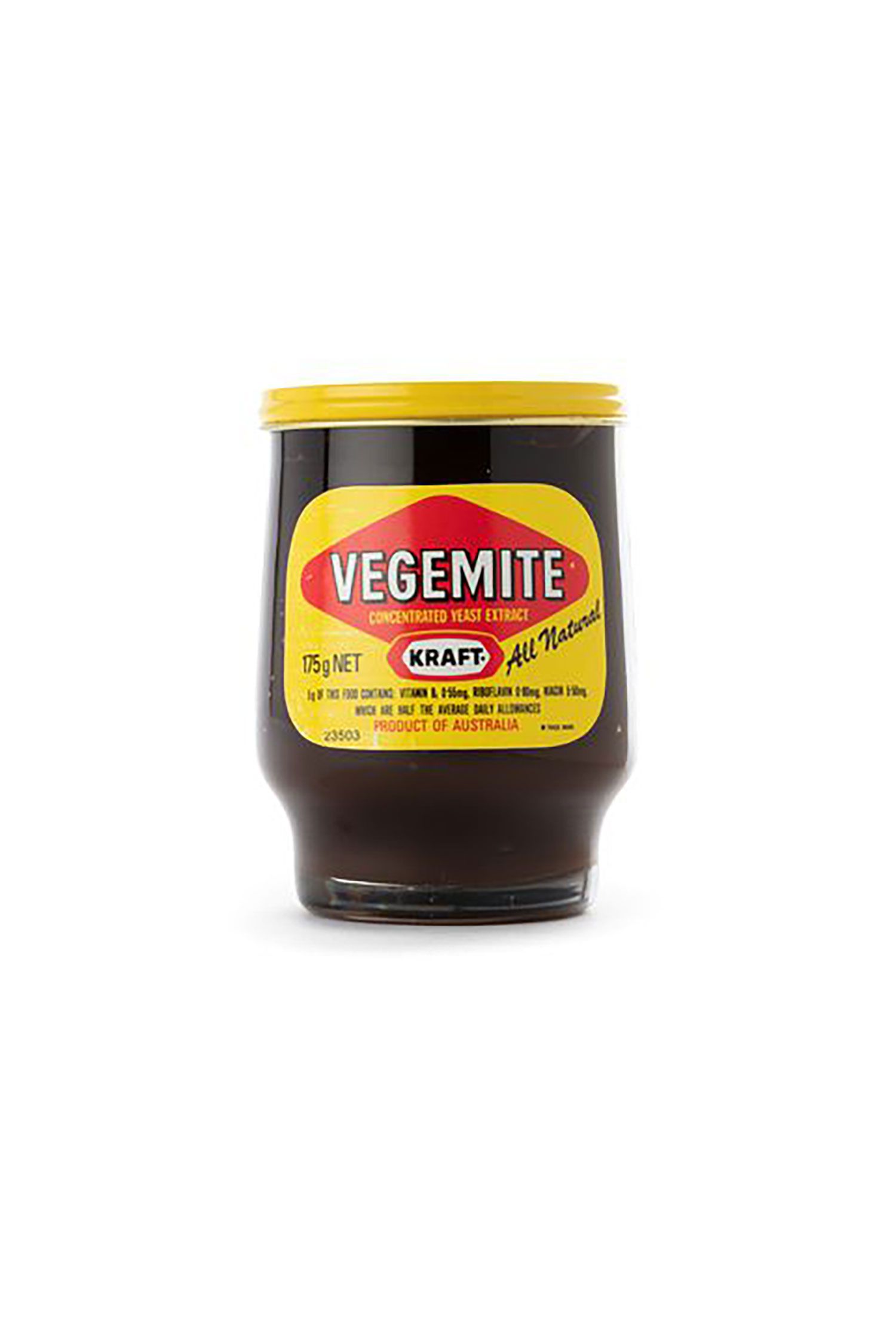 Vegemite jar and contents, glass / metal lid / paper