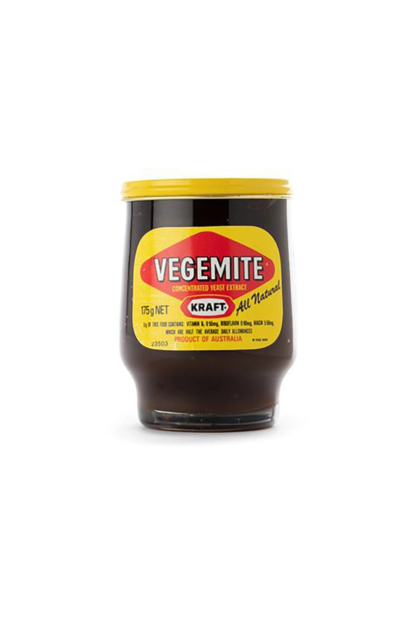 Vegemite jar and contents, glass / metal lid / paper