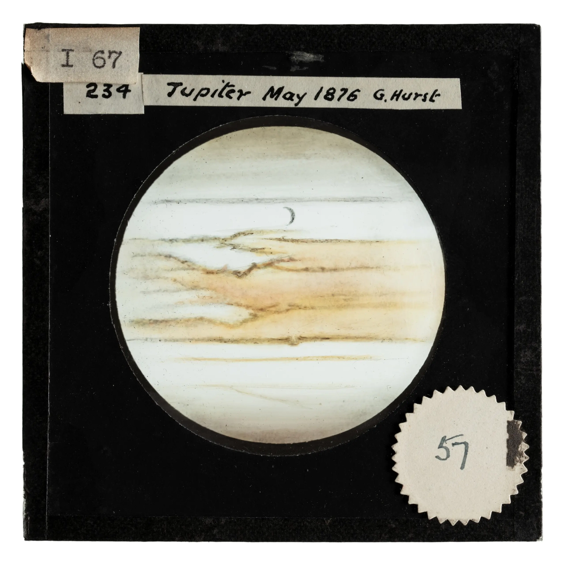 A lantern slide showing an image of Jupiter from May, 1876.