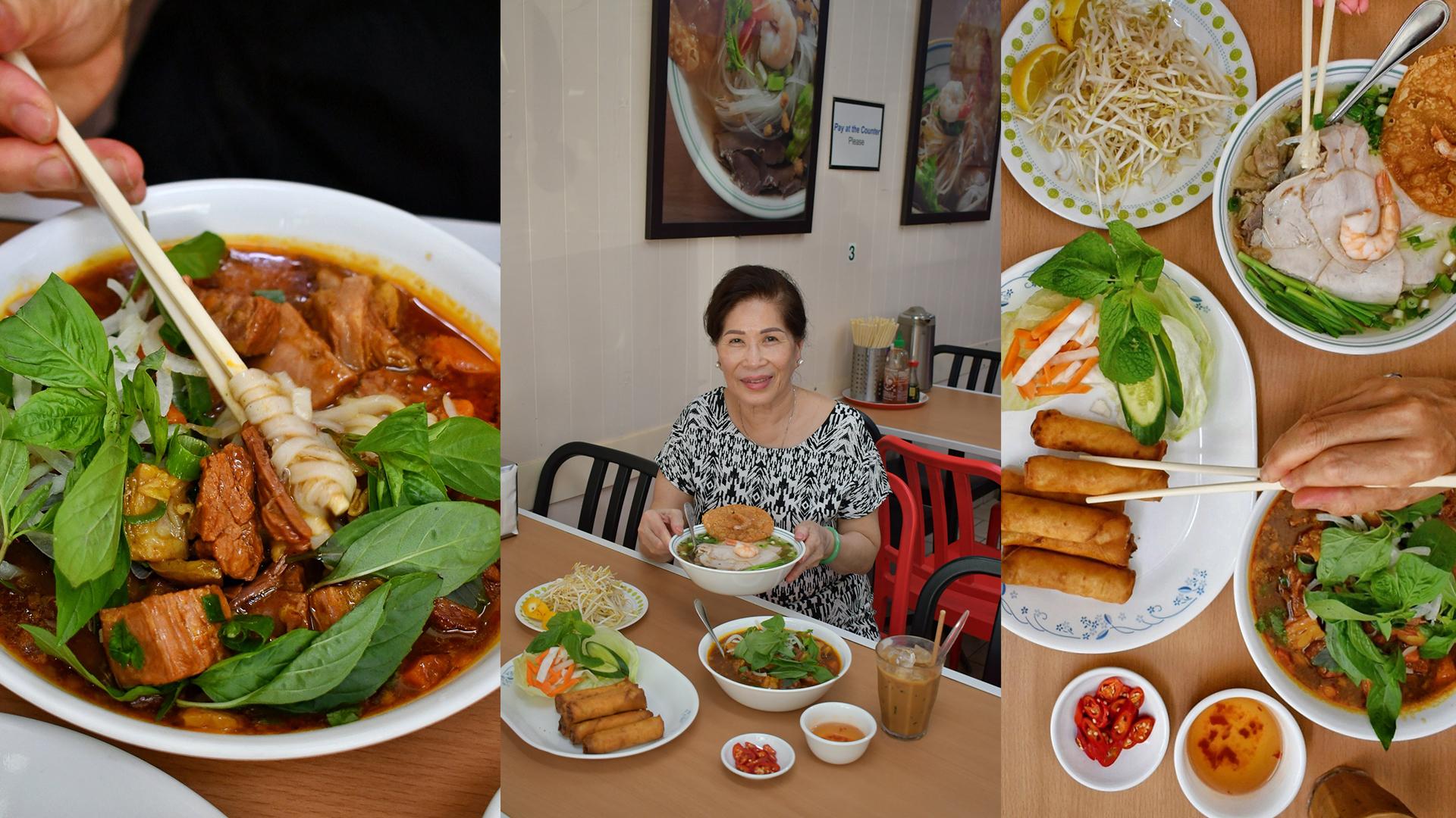 Triptych featuring Banh Mi Bo Kho, Thanh Van founder Kim Dinh ‘Mumma’ and Various dishes from Than Van.