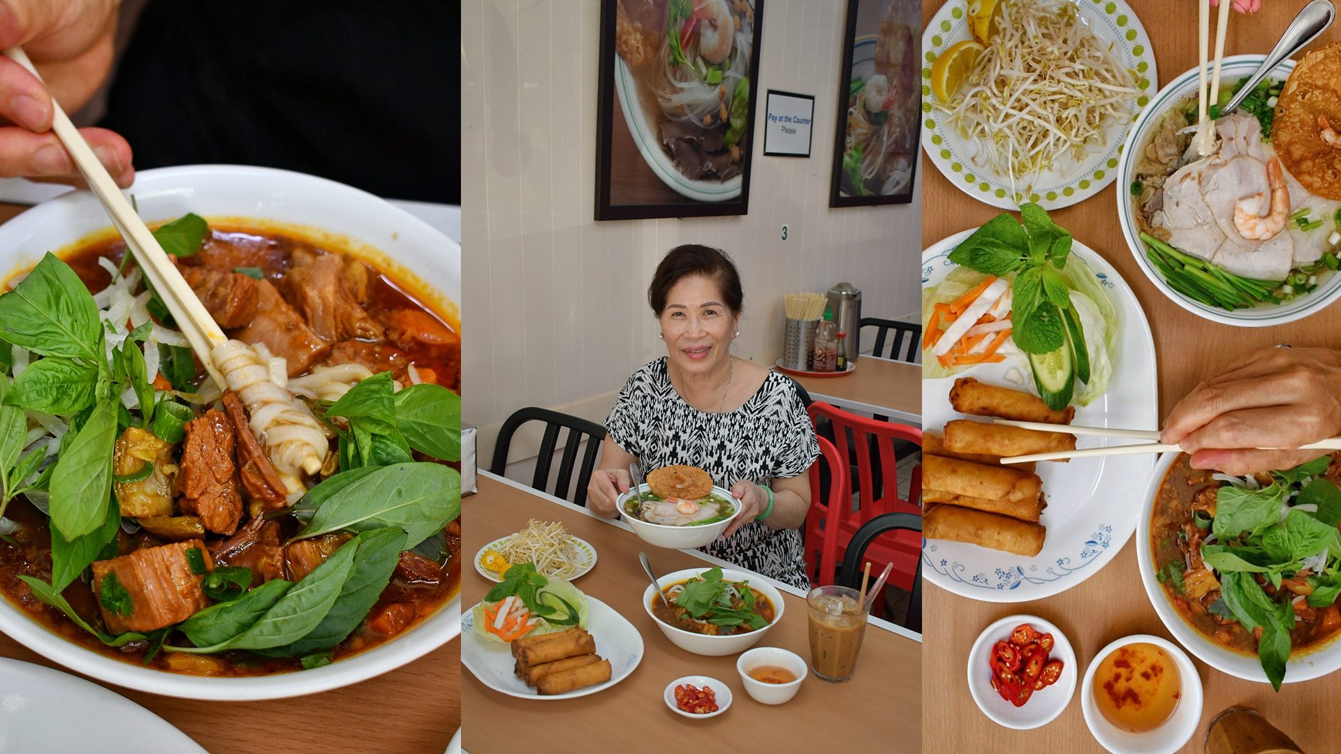 Triptych featuring Banh Mi Bo Kho, Thanh Van founder Kim Dinh ‘Mumma’ and Various dishes from Than Van.