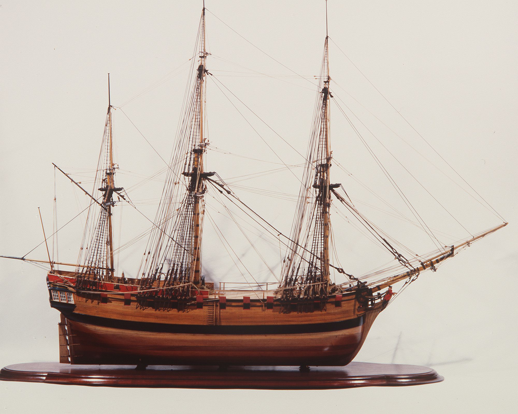 Ship model is a half inch to one foot (1:24) scale model of the HMS 'Sirius'.