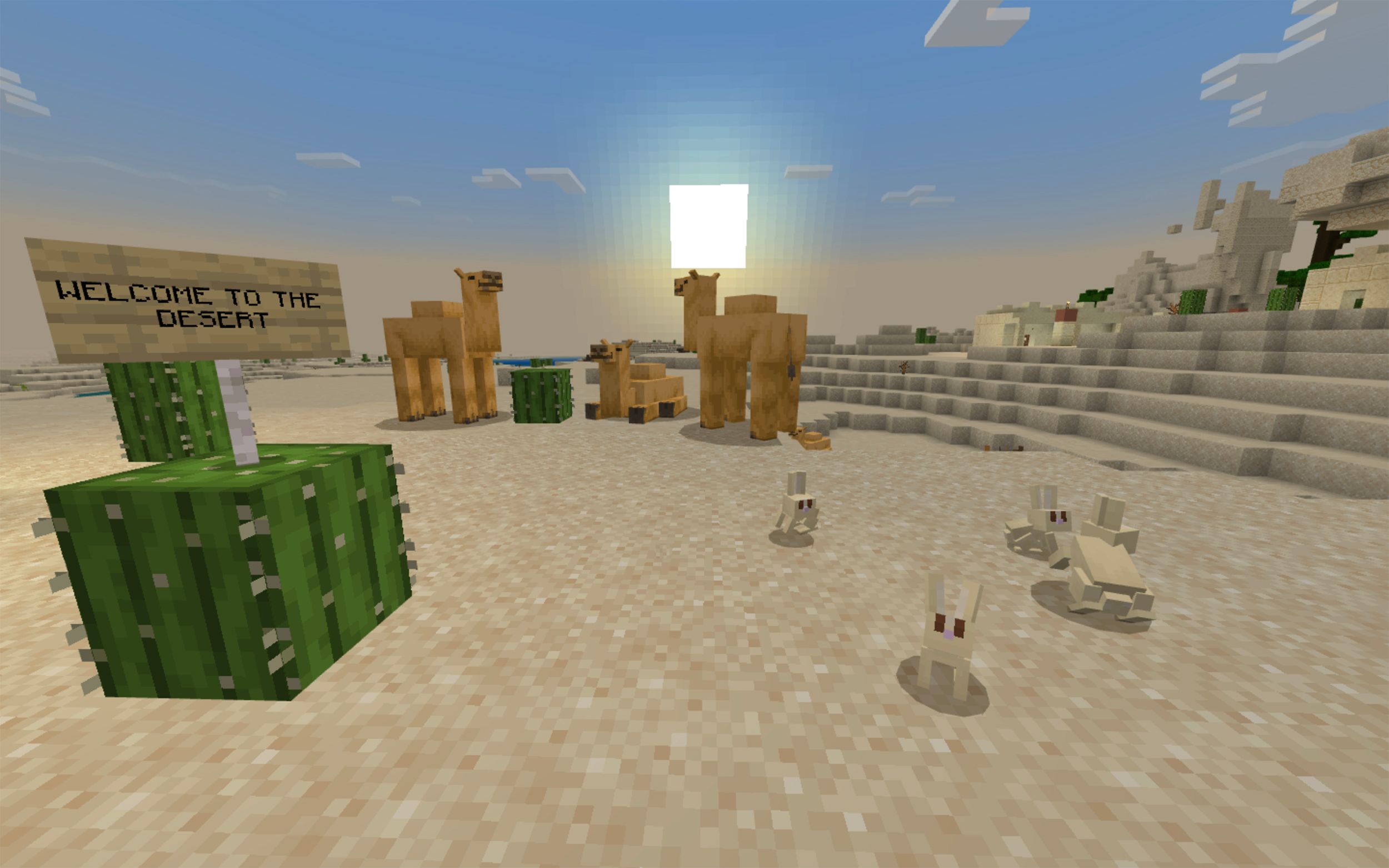 Minecraft ‘Welcome to the desert’ sign in front camels and the sun