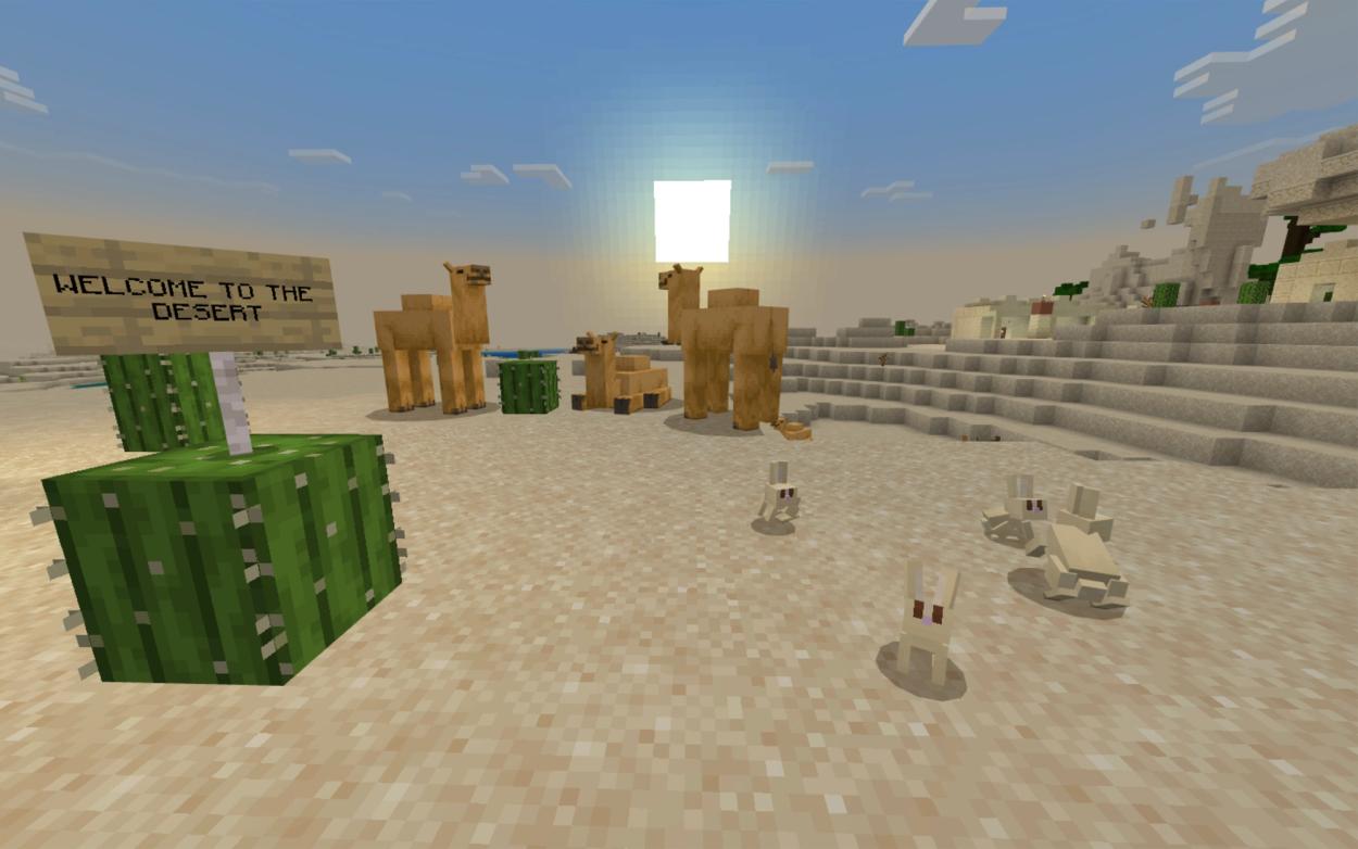 Minecraft ‘Welcome to the desert’ sign in front camels and the sun