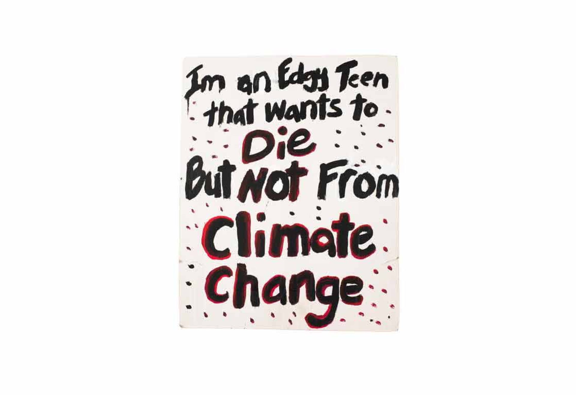 'I'm An Edgy Teen That Wants To Die, But Not From Climate Change' placard.