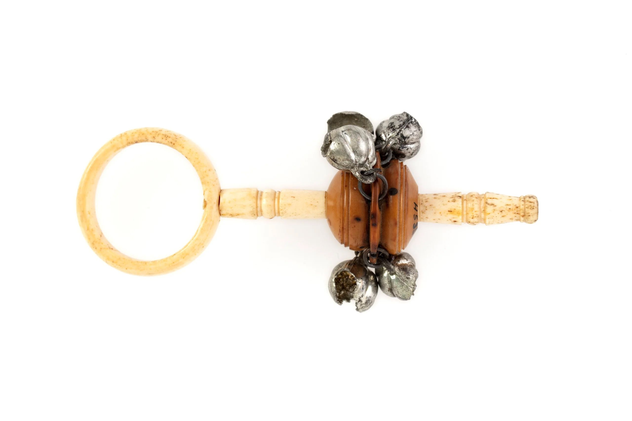 Baby teething ring and rattle with bells on.