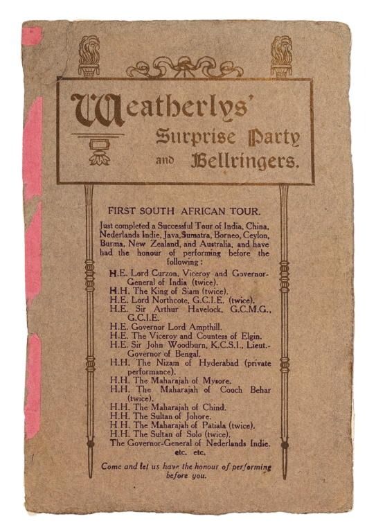 A brown card advertising the 'Weatherlys' Suprise Party and Bellringers' First South African Tour.