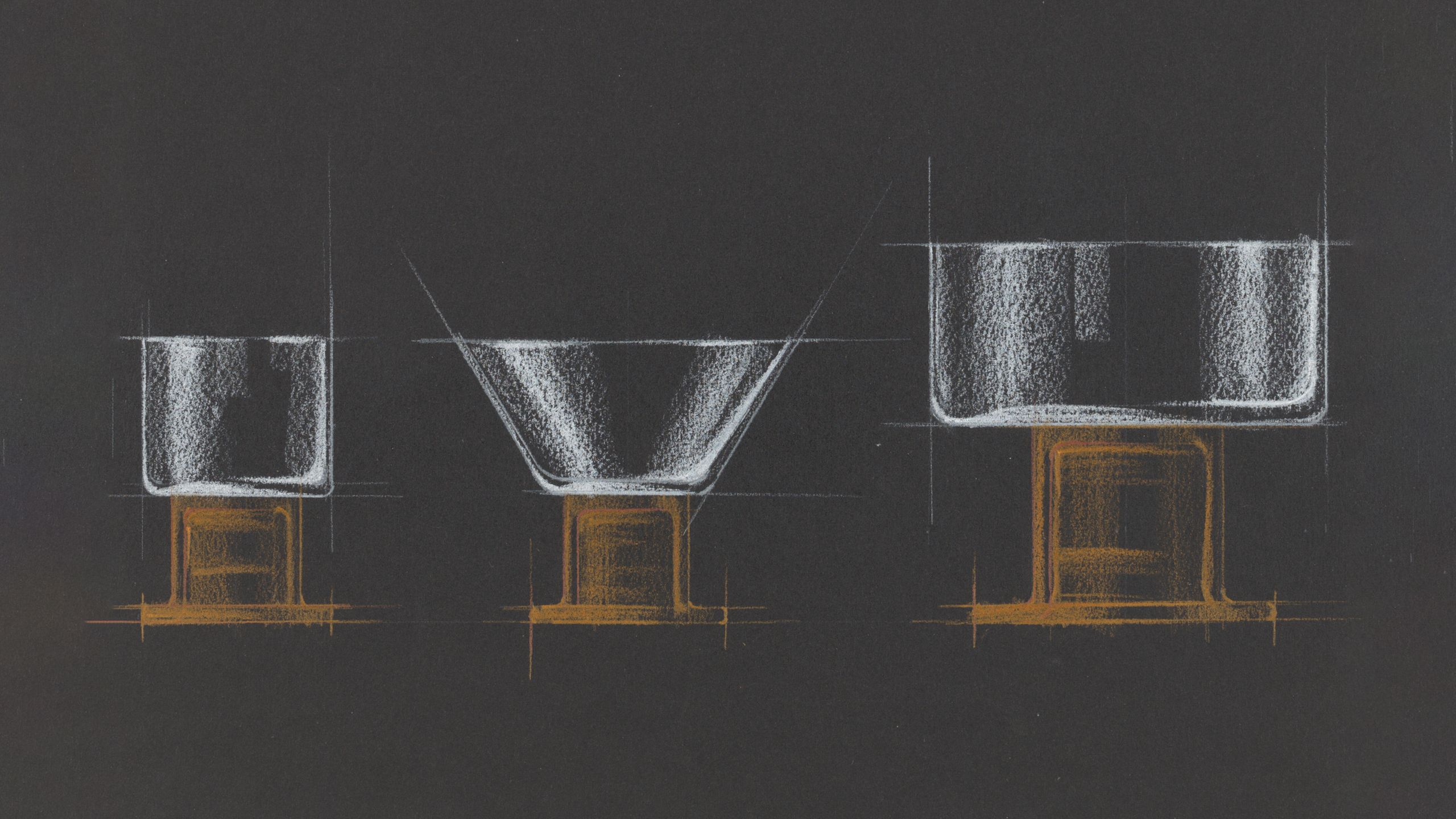 Design concept sketches of glassware using coloured pencil on black paper. The sketches outline a simple glass design of a clear, angled bowl on an amber glass foot.
