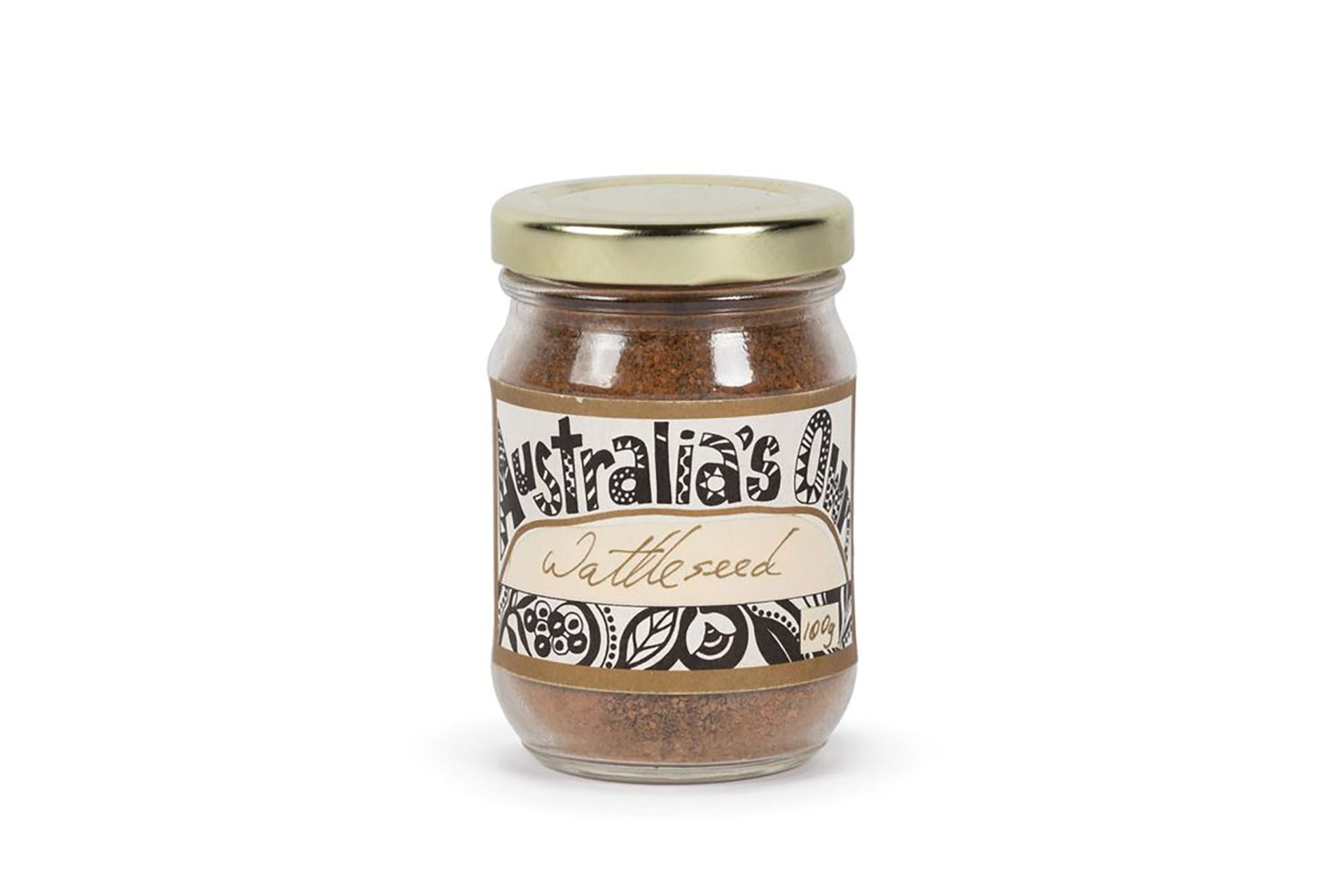 Jar filled with brown wattleseed. The black and white label on the front is illustrated with Indigenous motifs and has the text ‘Australia’s own’ and ‘wattleseed.’