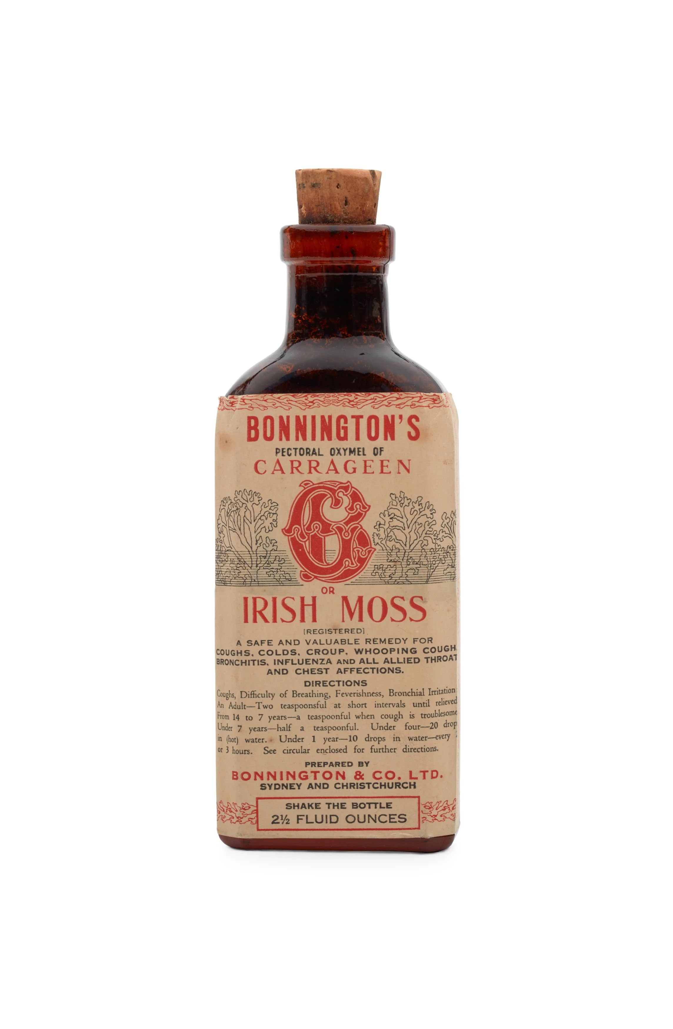 Glass cough syrup bottle containing ‘Bonnington’s Irish Moss’.